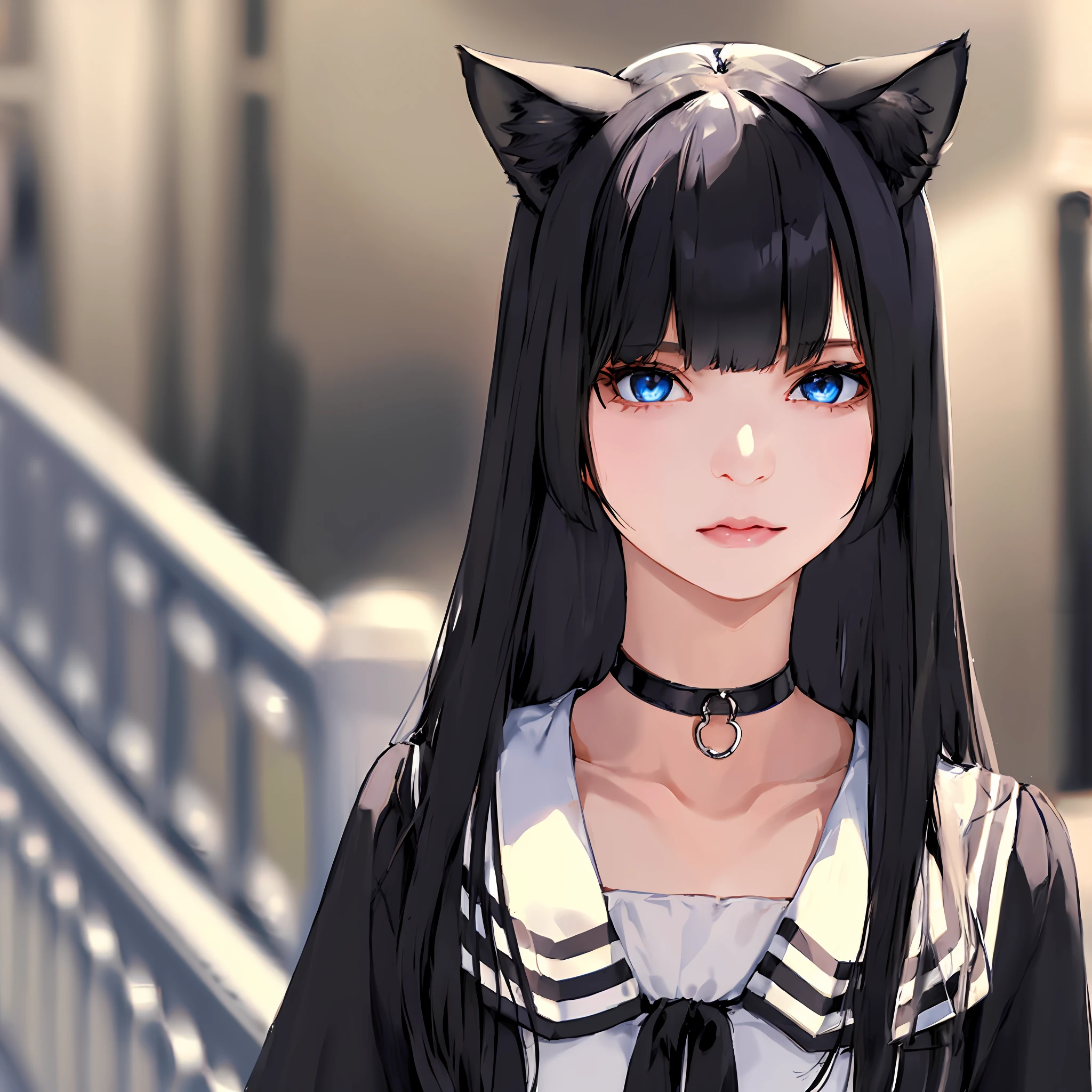 1girl, animal ears, bangs, black choker, black hair, blue eyes, blurry, cat ears, choker, closed mouth, collarbone, eyelashes, lips, long hair, looking at viewer, portrait, solo,(shiny skin),realistic,fashi-girl,mature female