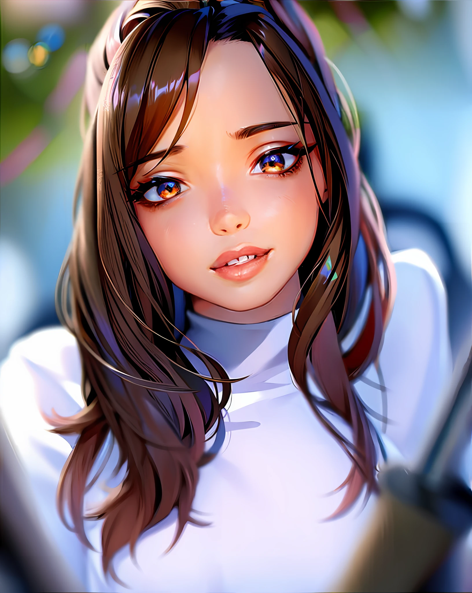 "Obra-prima, alta qualidade, detalhado,  alta resolução, 4k, 8k, textura realista da pele, sombras incríveis, iluminação perfeita, hiper-realista, estilo midjourneyart." The female protagonist of a zombie game (brown skin, brown cute eyes, eyeleashes, full lips, brown hair), wearing leather clothes holding a 12 caliber gun, ravaged buildings in the background, detailed background