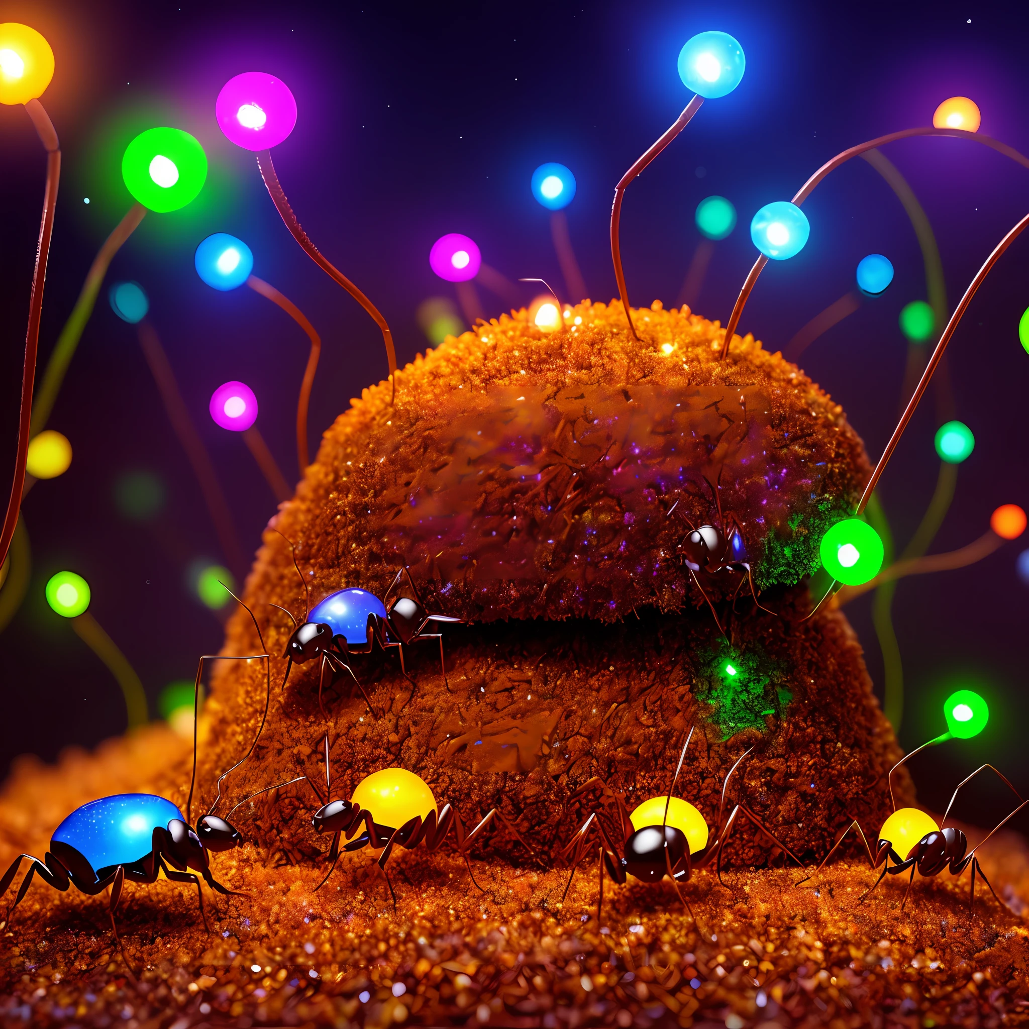 Glowing ants on an anthill making the party. Hills, colorful lights, realistic.