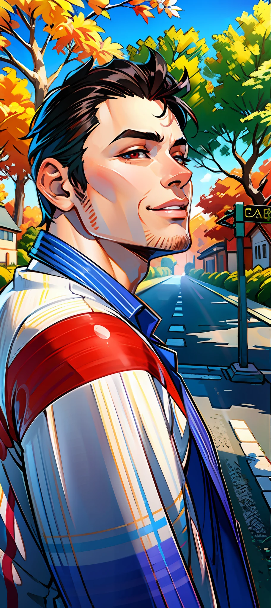 (masterpiece),(best quality:1.0), (ultra highres:1.0), detailed illustration, 8k, anime, 1boy, anime boy, smiling, wearing a shirt, detailed face, perfect face, anime eyes, detailed eyes, dark red eyes, detailed hair, highlights in hair, highly detailed, anime style, vibrant, colored