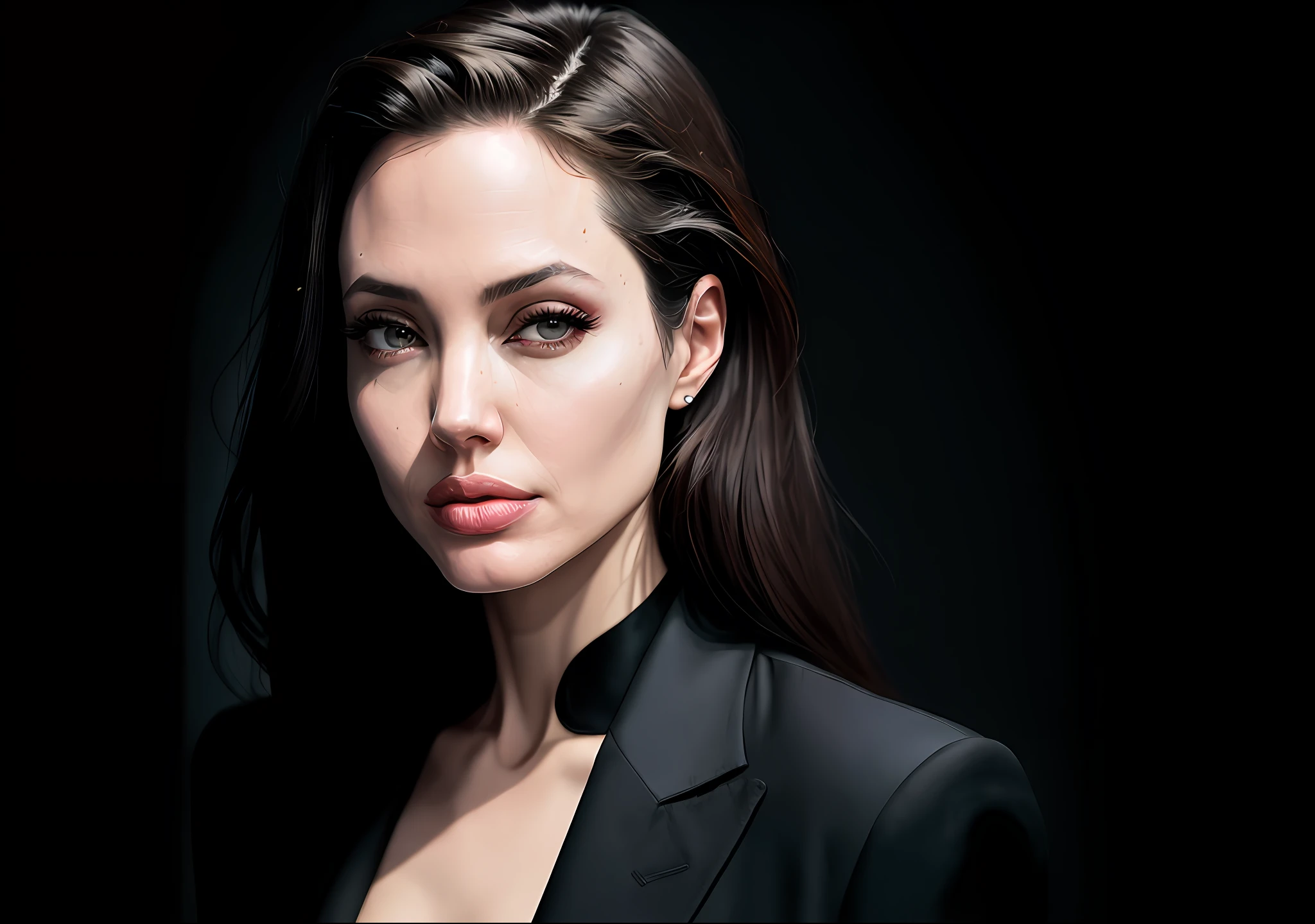 Angelina Jolie standing with her mouth sewn up, showing off her entire body in suit and tie Dark photo: realistic epic, distant portrait, sunglasses, blue eyes, black hair by James Gilleard, by Joe Fenton, by Kaethe Butcher, yellow gradient, black, brown and magenta color scheme, grunge aesthetic!!! War wall background, art by Greg Rutkowski and Artgerm, soft cinematic light, adobe lightroom, photo lab, blurred background