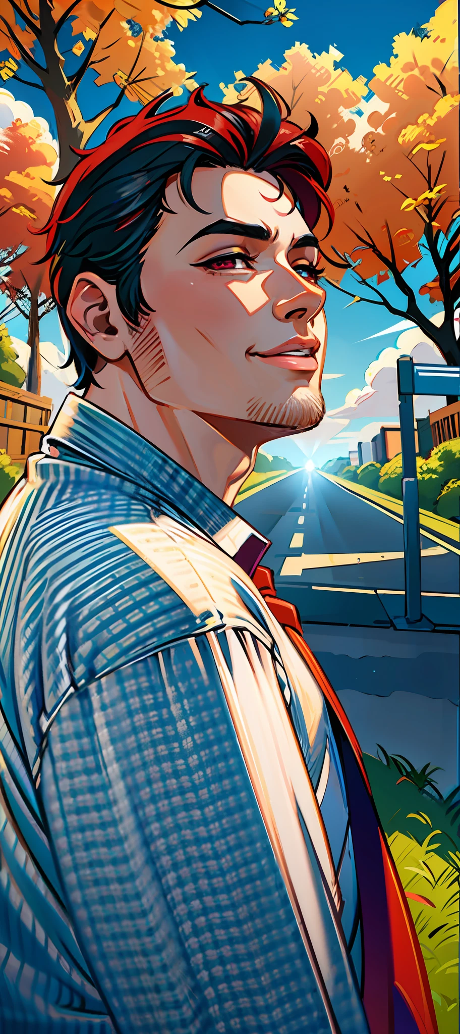 (masterpiece),(best quality:1.0), (ultra highres:1.0), detailed illustration, 8k, anime, 1boy, anime boy, smiling, wearing a shirt, detailed face, perfect face, anime eyes, detailed eyes, dark red eyes, detailed hair, highlights in hair, highly detailed, anime style, vibrant, colored
