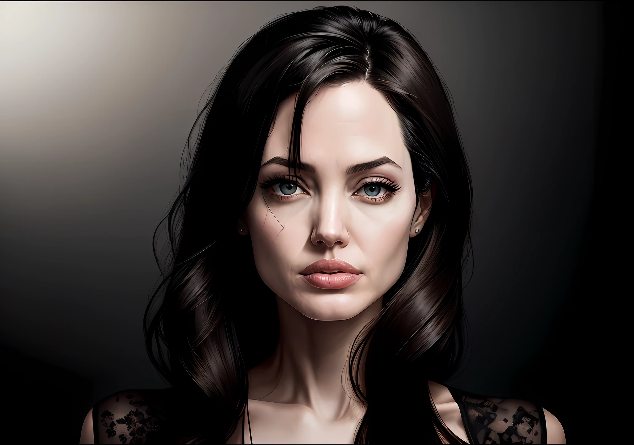 Angelina Jolie standing with her mouth sewn up, showing off her entire body in suit and tie Dark photo: realistic epic, distant portrait, sunglasses, blue eyes, black hair by James Gilleard, by Joe Fenton, by Kaethe Butcher, yellow gradient, black, brown and magenta color scheme, grunge aesthetic!!! War wall background, art by Greg Rutkowski and Artgerm, soft cinematic light, adobe lightroom, photo lab, blurred background