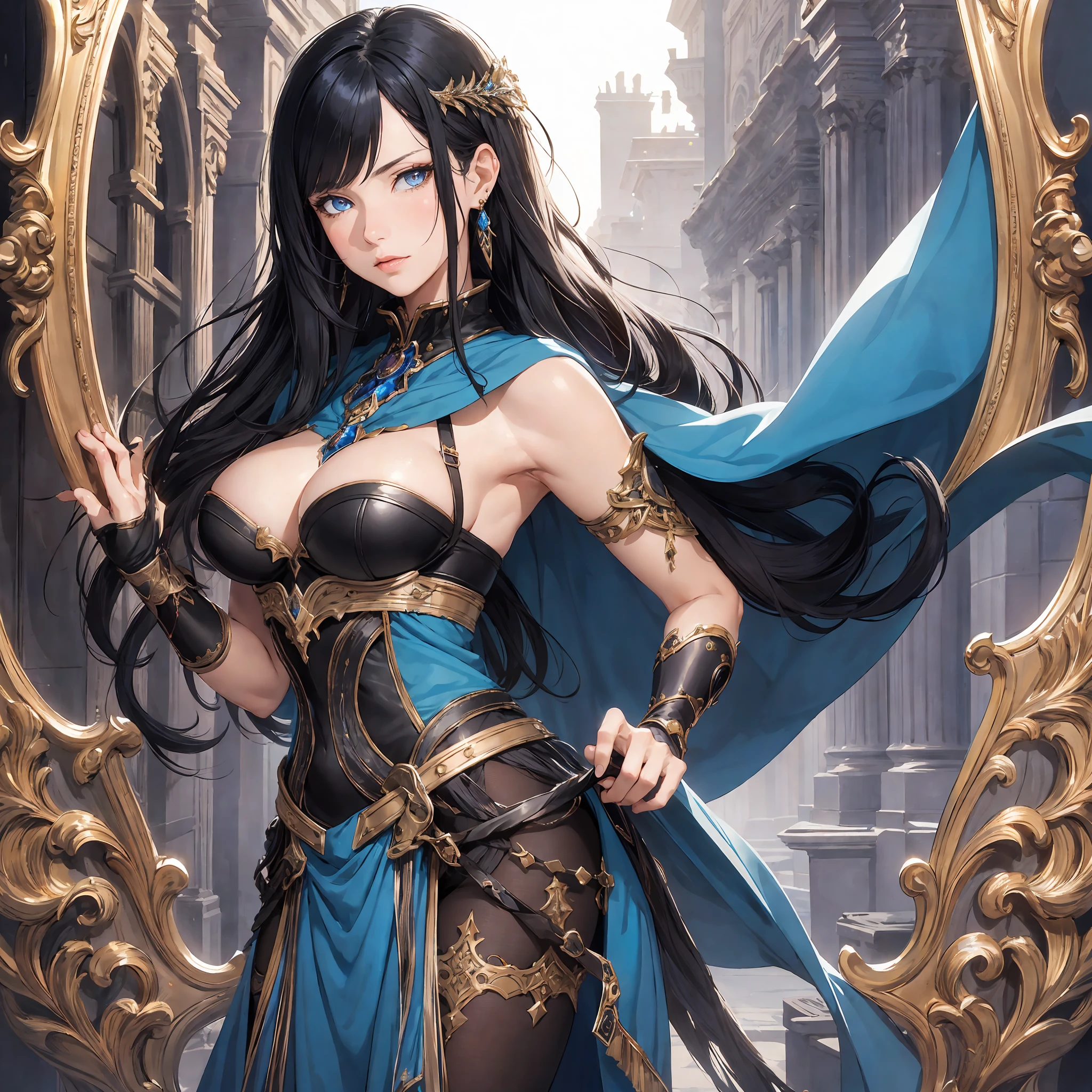 masterpiece, best quality, 1woman, adult, older MILF, female focus, solo, black hair, long hair with fringe, vibrant blue eyes, looking at viewer, cape, High quality metal texture, closed mouth, bangs, jewelry, earring, high collar,(kbxll:0.6), Fantasy aesthetics, Highly detailed, shadowverse style, mage
