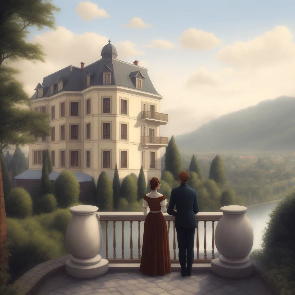 painting of a couple looking out over a balcony at a large mansion, inspired by Evgeny Lushpin, inspired by Jakub Schikaneder, inspired by Art Frahm, beautiful render of a fairytale, inspired by Johann Friedrich Overbeck, inspired by Christoffer Wilhelm Eckersberg, inspired by Friedrich Ritter von Friedländer-Malheim, inspired by Francesco Hayez