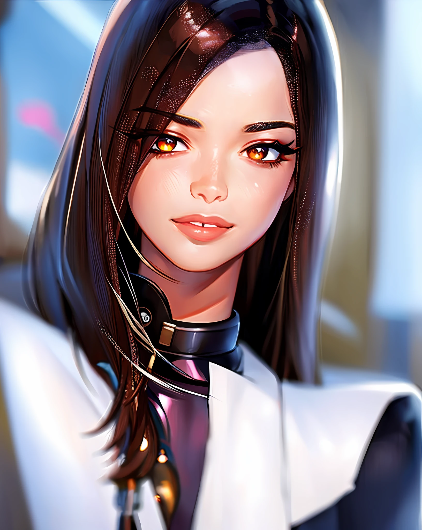 "Masterpiece, high quality, detailed, high resolution, 4k, 8k, realistic skin texture, amazing shadows, perfect lighting, hyper-realistic, midjourneyart style." A woman huntress (brown skin, beautiful brown eyes, collars, full lips, brown hair), wearing leather clothes holding a 12 caliber gun, full body, devastated buildings in the background (zombie game inspired), detailed background