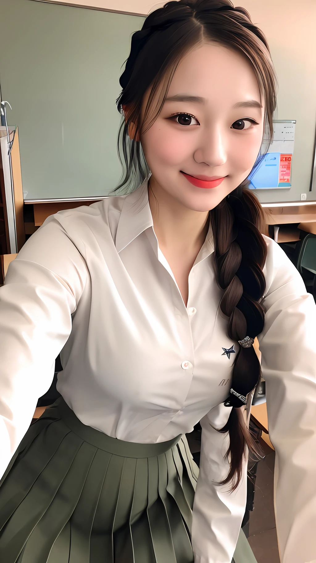 realistic photos of (1 cute Korean star) front braid, thin makeup, medium breasts size, slightly smile, long sleeve shirt and skirt, in the class, selfie, clear facial features of Canon EOS, 8K high resolution, sharp and realistic details.