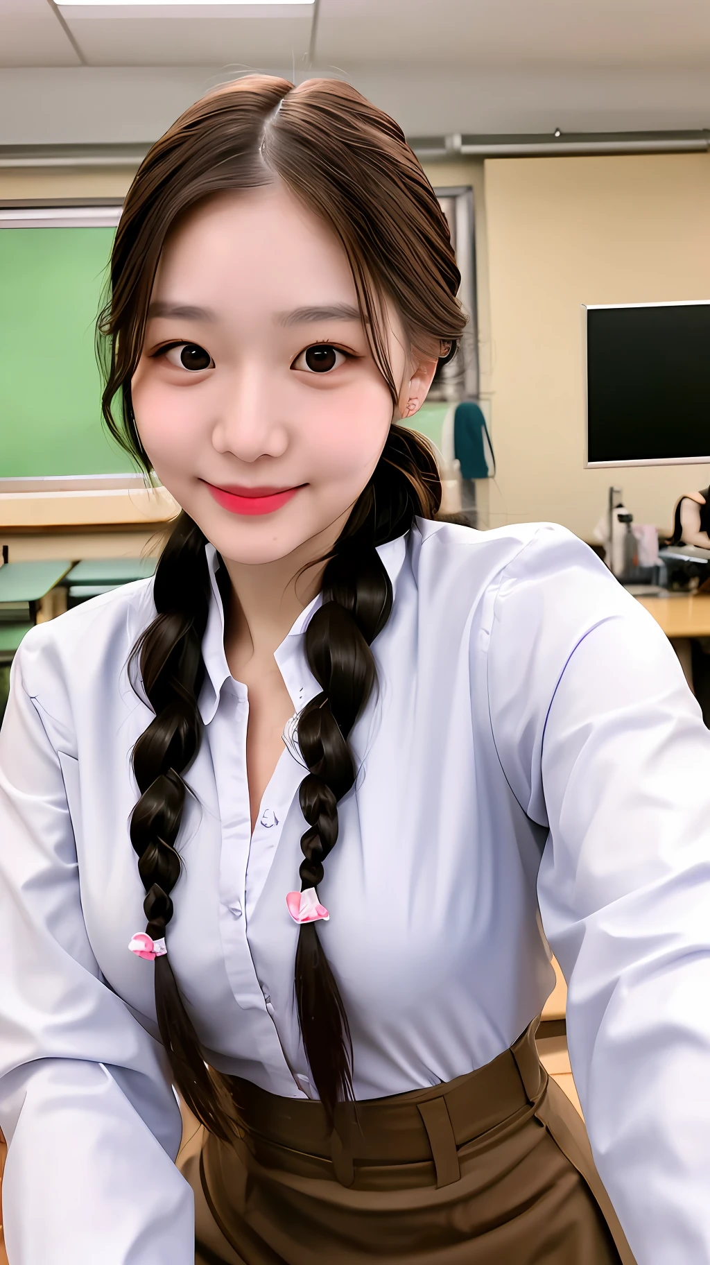 realistic photos of (1 cute Korean star) front braid, thin makeup, medium breasts size, slightly smile, long sleeve shirt and skirt, in the class, selfie, clear facial features of Canon EOS, 8K high resolution, sharp and realistic details.
