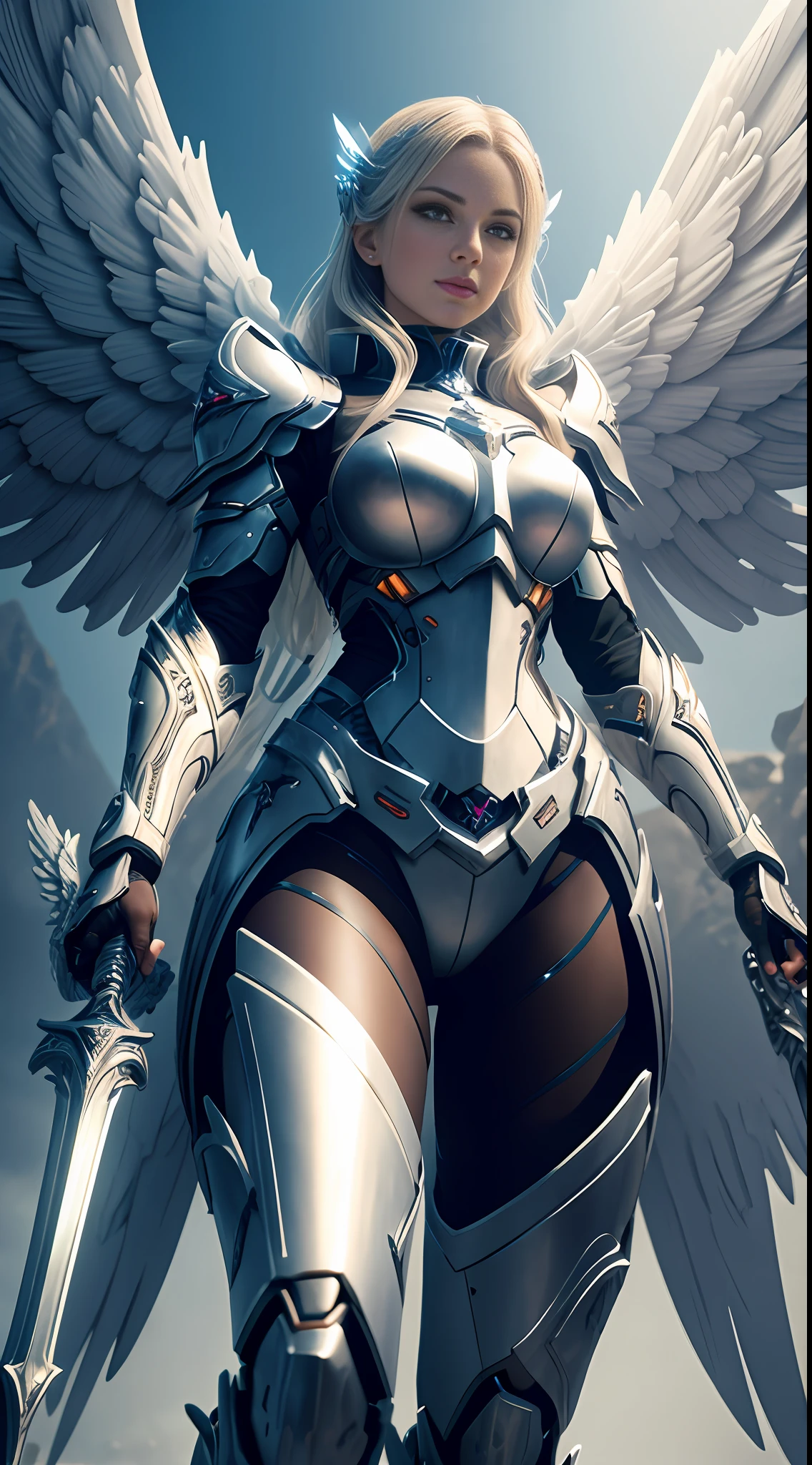 there is a woman in a cosplay costume holding a sword, angel in lace armor, beautiful cyborg angel girl, unreal engine render + a goddess, mechanized valkyrie girl, angel knight girl, in white futuristic armor, (cane marks on body1.6), d render character art 8 k, as a mystical valkyrie, dressed in light armor, gorgeous female paladin, stunning cgsociety, cinematic goddess body shot