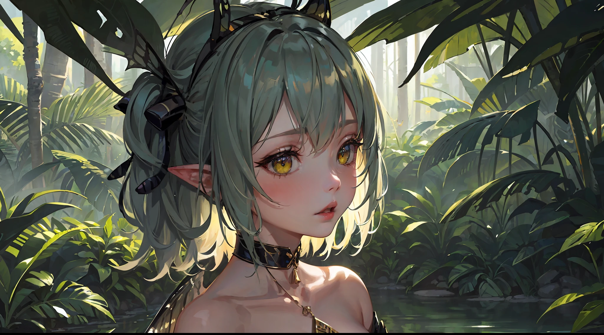 1girl, ((moth antennae)), solo, ((moth)), ((arthropod girl)), ((moth wings)), medium hair, difficult design, jungle style, fashion, monster girl, summer clothes, water effect, green plants, jungle, nature, scenery, ((official art)), ((concept art)), ((reference)), ((multiple pictures)), ((chibi)), white background