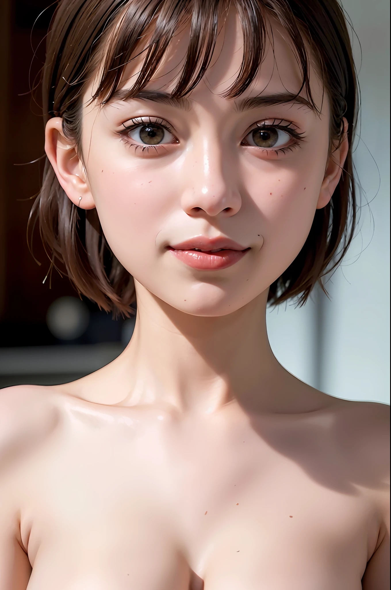 woman,
(finely detailed adorable face), (finely detailed beautiful widening eyes:1.1), (frowning mouth),
(8k eyes), (8k pupils), (button nose),
blunt bangs, red short hair,
large breasts,
without any cloth, brown tits,
standing,
(photorealistic:1.4), masterpiece, ultra quality, insanely detailed, (ultra high res), absurdres,