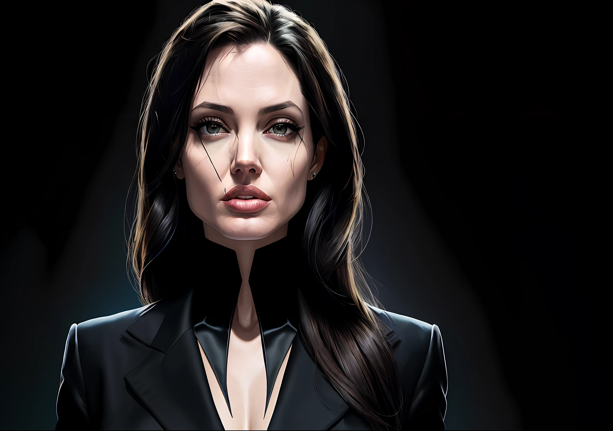 Angelina Jolie standing with her mouth sewn up, showing the entire body of suit and tie Dark photo: realistic epic, distant portrait, sunglasses, blue eyes, black hair, yellow gradient, black, brown and magenta color scheme, grunge aesthetic!!! War wall background, art and artgerm, soft cinematic light, adobe lightroom, photo lab, blurred background