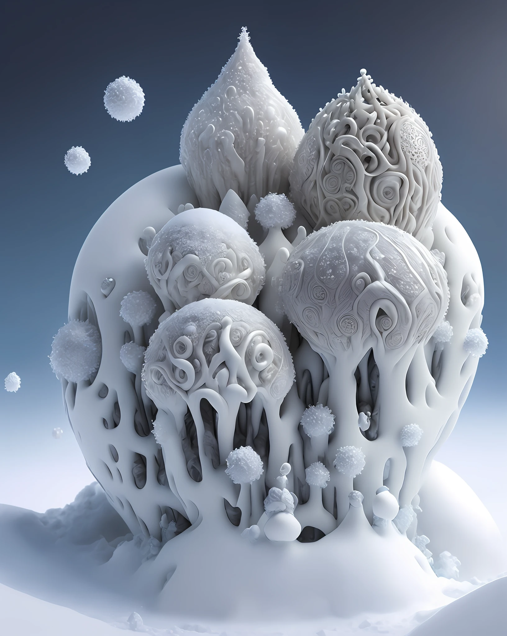 there is a ice cut of a muchroom inside a snow ball, thomas veyrat intricate, intricate 3 d illustration, intricate 3 d sculpture, ice sculpture, andrei riabovitchev symmetrical, intricate sculpture, fantasy. intricate, organic ceramic fractal forms, dan mcpharlin : : ornate, intricate greg rutkowski