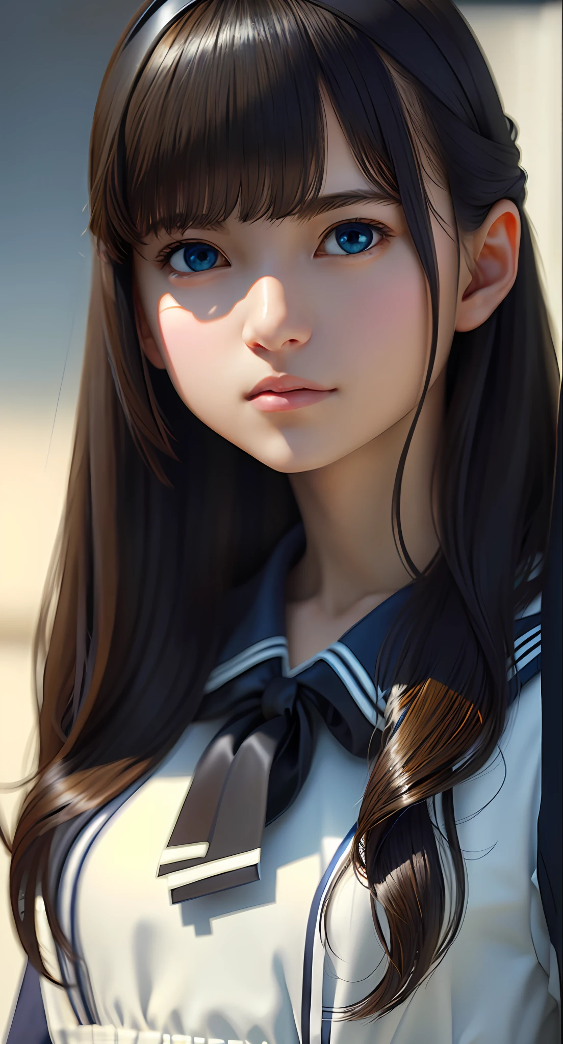 (Photorealism: 1.4), (Masterpiece, Side Lighting, Delicate and Beautiful Eyes: 1.2), Masterpiece * Portrait, Realistic, 3D Face, Shining Eyes, Glossy Hair, Glossy Skin, Solo, Awkward, (Abdomen), Black Collar Sailor Suit, Black Hair, Black Eyes,