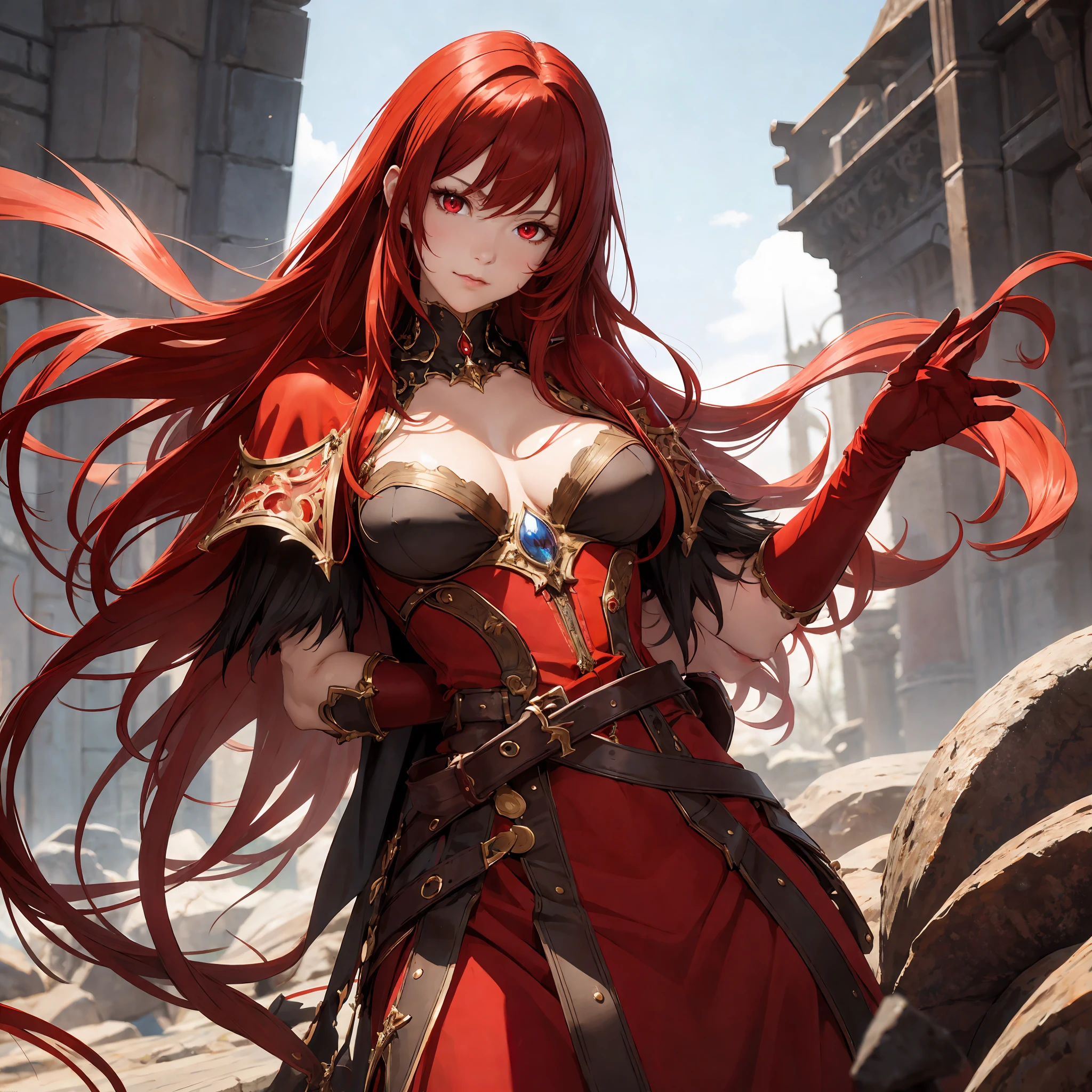 masterpiece, best quality, 1woman, adult, older MILF, female focus, solo, red hair, long hair with fringe, vibrant red eyes, looking at viewer, cape, High quality metal texture, closed mouth, bangs, high collar,(kbxll:0.6), Fantasy aesthetics, Highly detailed, shadowverse style, sorceress