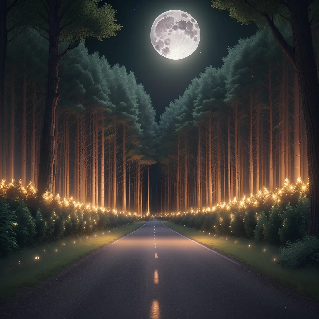 (extremely detailed CG unity 8k wallpaper,masterpiece, best quality, ultra-detailed),(best illumination, best shadow, an extremely delicate and beautiful),(night scene),(forest road),(full moon),(shining),(volumetric light),(dynamic angle),(wide shot),(emphasize on road),
