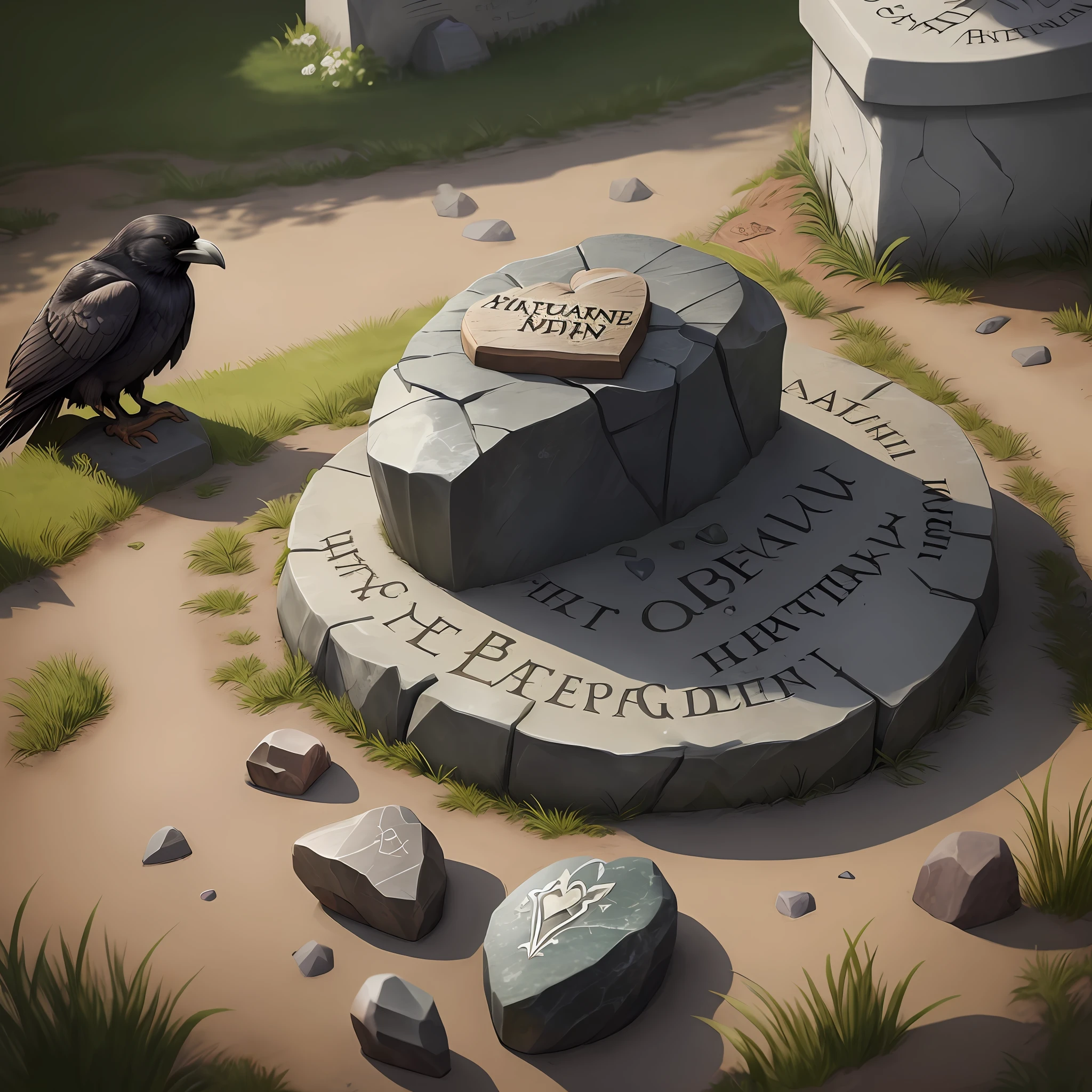 Recent grave, with heartstone with sign: By order of the Peaky Blinders. On the top of heartstone is sitting black raven