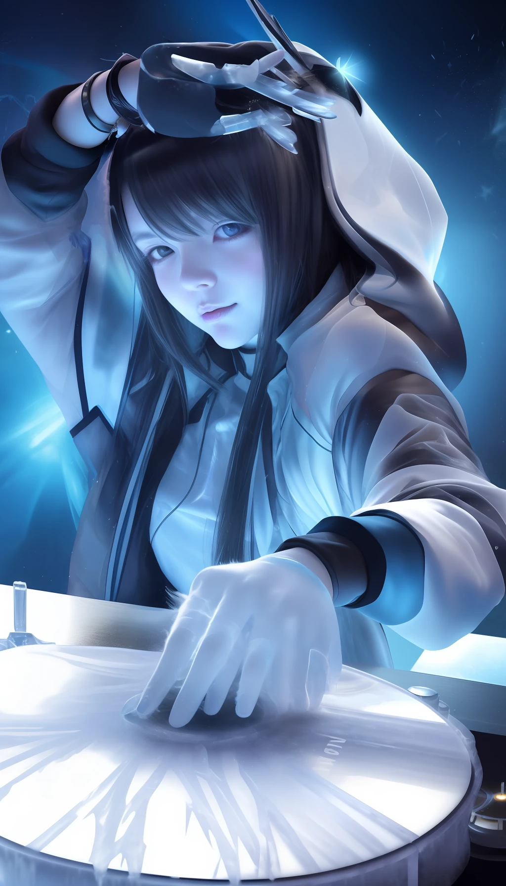 She raises her hands, her fingers spreading wide, and the ice beneath her forms into an impromptu DJ turntable. Lucina starts scratching the ice with her fingertips, creating a mix of icy melodies that harmonize with her beats.