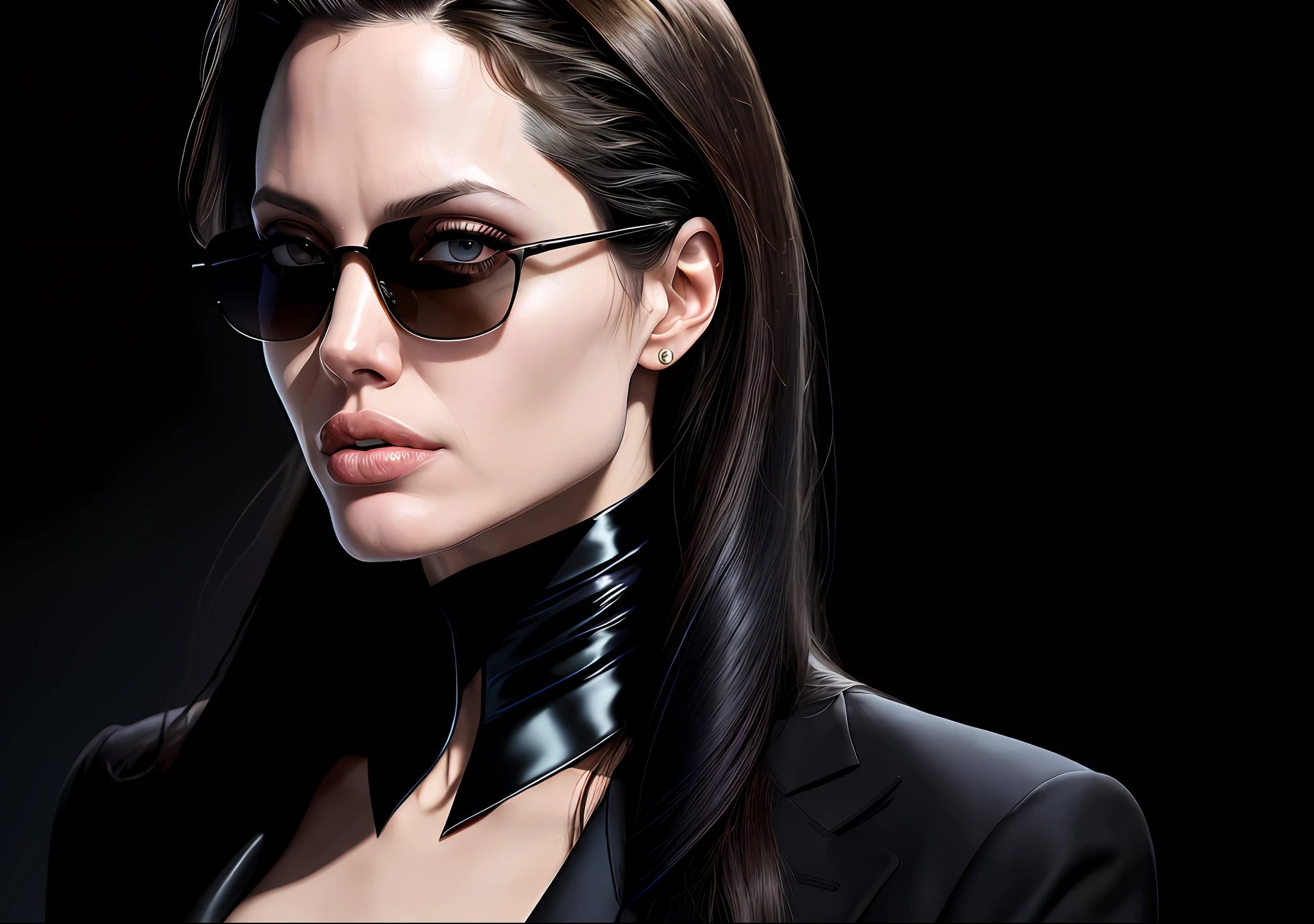 Angelina Jolie standing with her mouth sewn up, showing the entire body of suit and tie Dark photo: realistic epic, distant portrait, sunglasses, blue eyes, black hair, yellow gradient, black, brown and magenta color scheme, grunge aesthetic!!! War wall background, art and artgerm, soft cinematic light, adobe lightroom, photo lab, blurred background