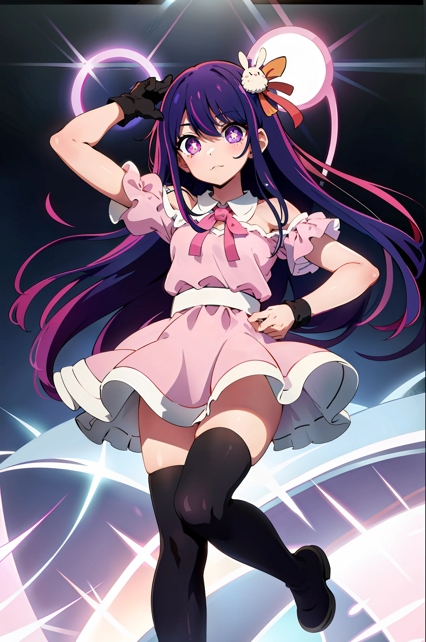 1girl, solo, Hoshino Ai, symbol-shaped pupils, star-shaped pupils, purple eyes, sparkling eyes, star in eye, symbol in eye, purple hair, long hair, bunny hair ornament, pink dress, collared shirt, pink gloves, puffy short sleeves, bare shoulders, pink skirt, pink boots, thigh boots, thighhighs,, (masterpiece:1.2), highres, best quality, 8k, very clear,