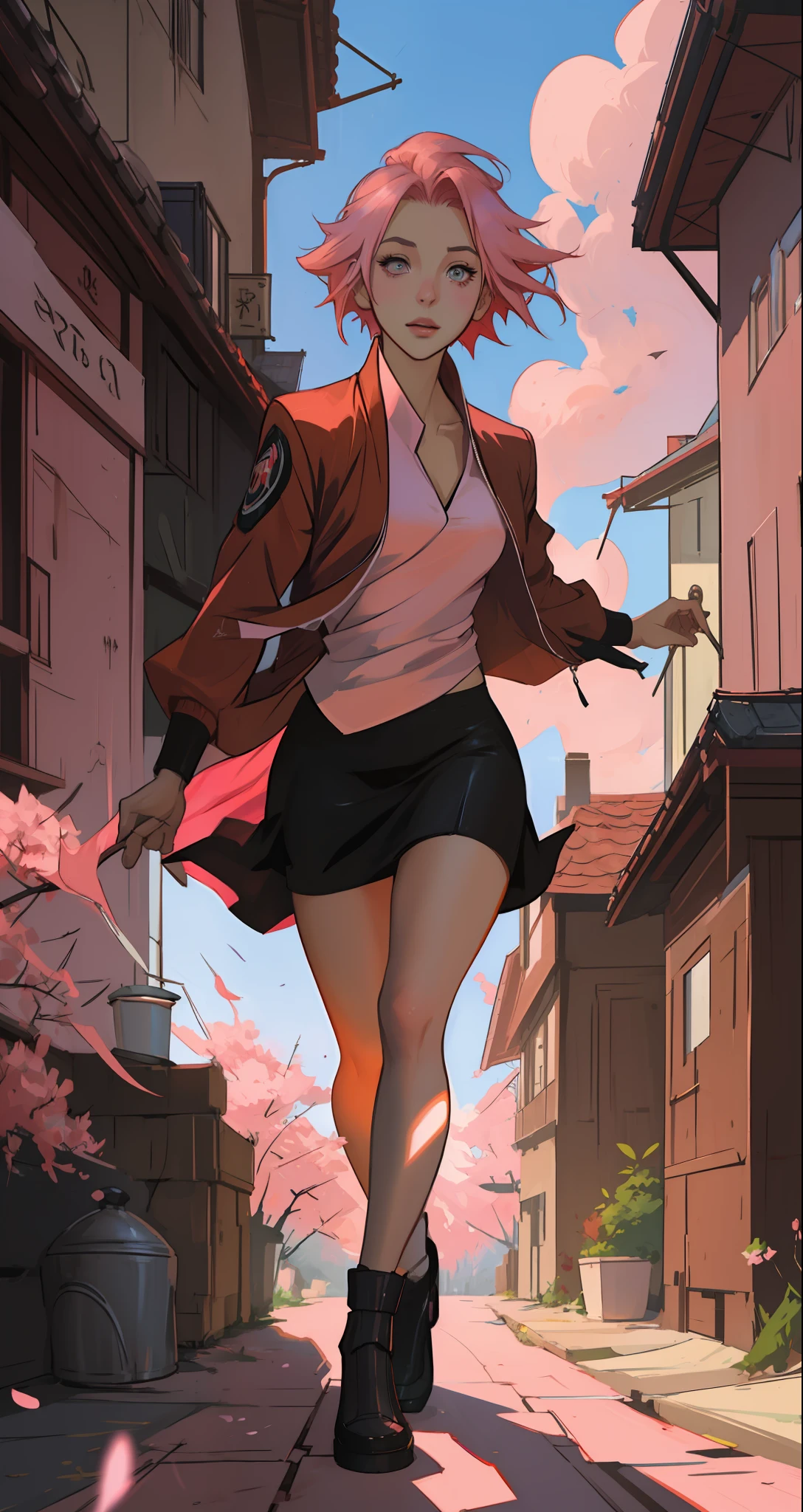 Sakura haruno, seductive, ((forehead the show)), attractive, sexy eyes, red coat with akatsuki clouds, pink hair, delicate, young, short hair, detailed face, high definition, full body, from League of Legends, trend in artstation, by rhads, andreas rocha, rossdraws, makoto shinkai, laurie greasley, lois van baarle, ilya kuvshinov and greg rutkowski