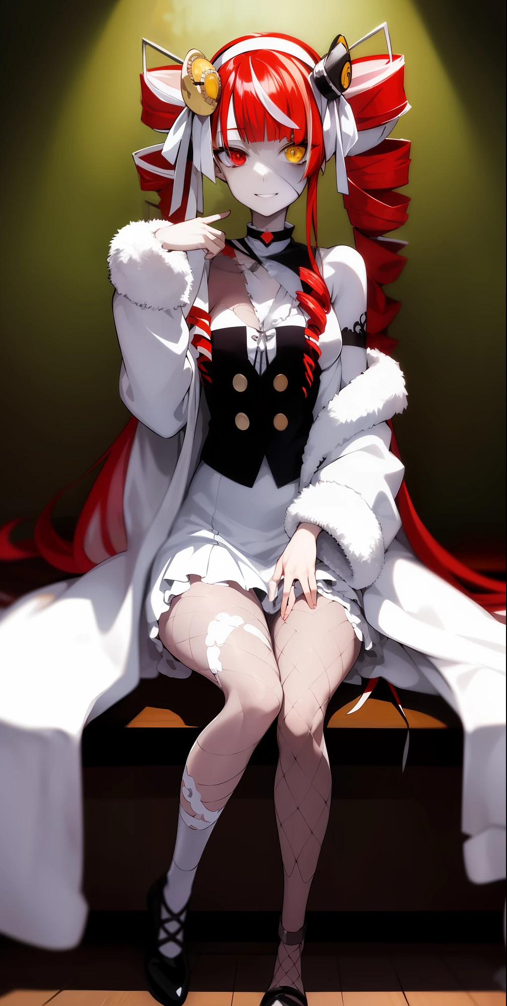 2d, masterpiece, best quality, anime, highly detailed face, highly detailed eyes, highly detailed background, perfect lighting, full body, 1girl, solo, ollie_drills, zombie, patchwork skin, drill hair, very long hair, white dress, white hairband, fur coat, fishnets, heterochromia, red eyes, yellow eyes, sitting, (from side:0.7), wooden floor, smile