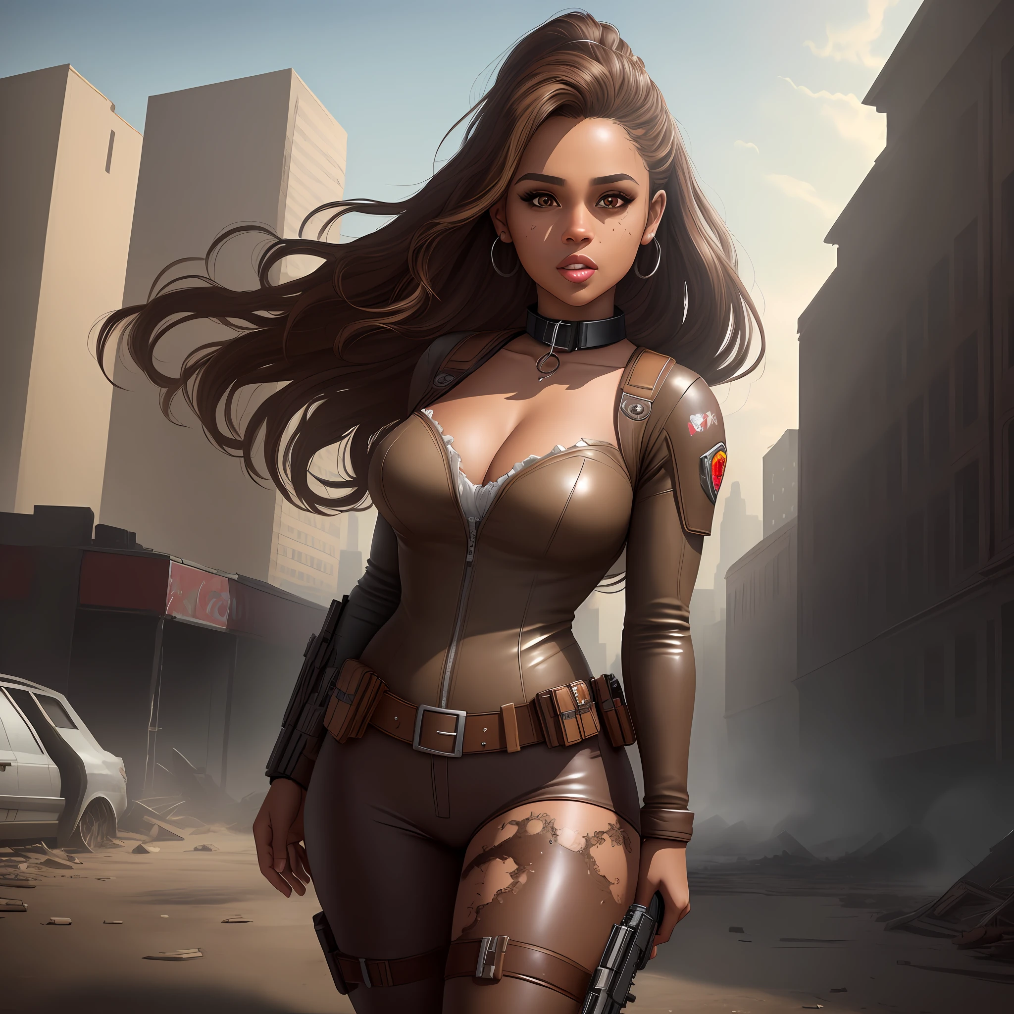 "Masterpiece, high quality, detailed, high resolution, 4k, 8k, realistic skin texture, amazing shadows, perfect lighting, hyper-realistic, midjourneyart style." A woman huntress (brown skin, beautiful brown eyes, collars, full lips, brown hair), wearing leather clothes holding a 12 caliber gun, full body, devastated buildings in the background (zombie game inspired), detailed background