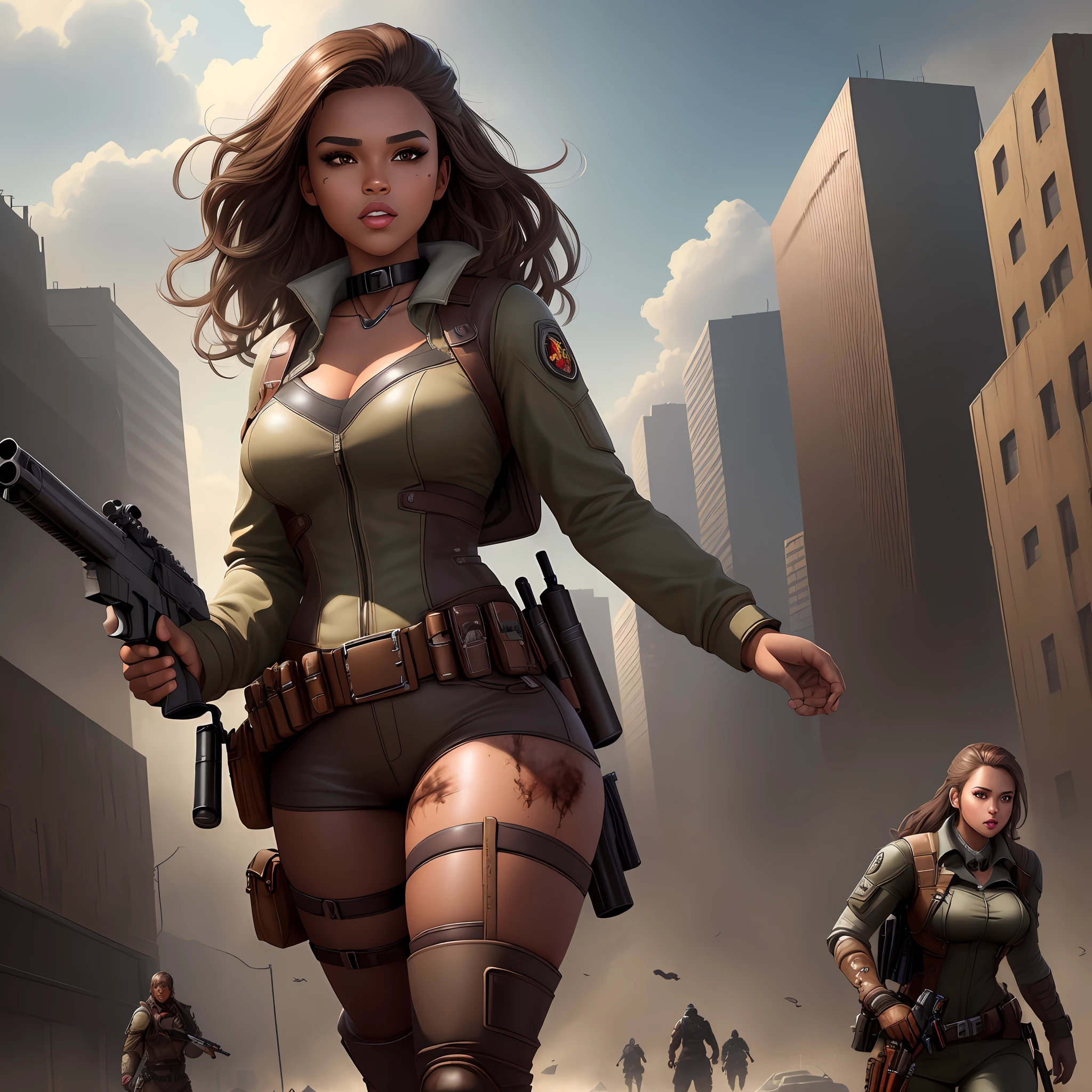 "Masterpiece, high quality, detailed, high resolution, 4k, 8k, realistic skin texture, amazing shadows, perfect lighting, hyper-realistic, midjourneyart style." A woman huntress (brown skin, beautiful brown eyes, collars, full lips, brown hair), wearing leather clothes holding a 12 caliber gun, full body, devastated buildings in the background (zombie game inspired), detailed background
