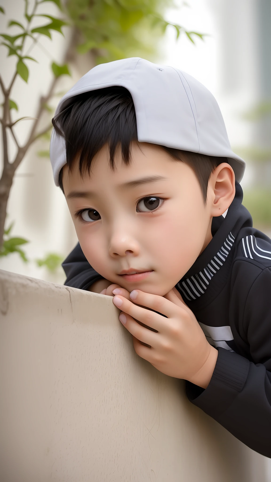 there is a young boy leaning on a wall with his hands on his chin, young adorable korean face, cute boy, closeup portrait shot, young boy, detailed face of a asian boy, kid, close up portrait photo, boy with neutral face, close - up portrait shot, young cute wan asian face, , portrait shot, wan adorable korean face