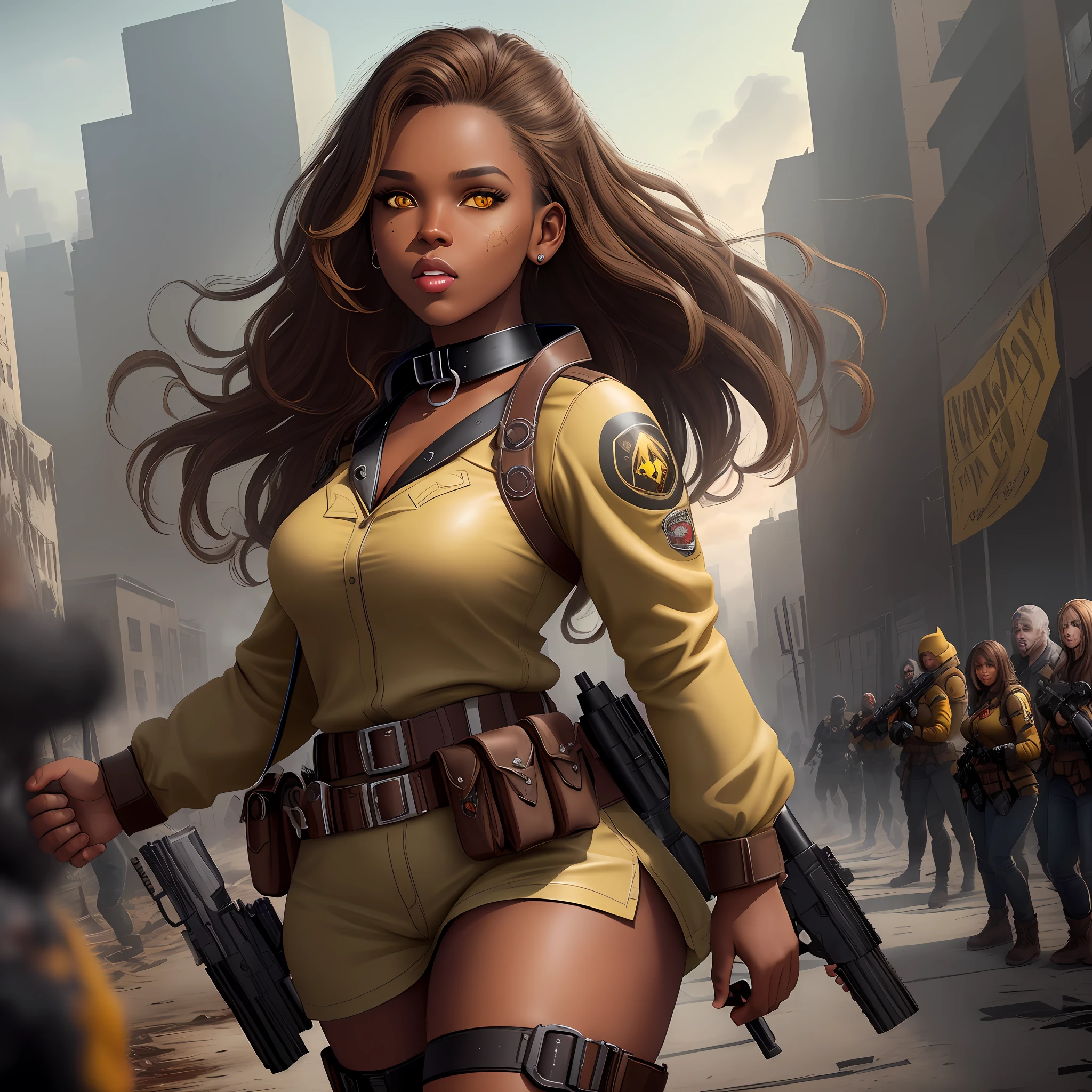 "Masterpiece, high quality, detailed, high resolution, 4k, 8k, realistic skin texture, amazing shadows, perfect lighting, hyper-realistic, midjourneyart style." A woman huntress (brown skin, outlined yellow eyes, collars, full lips, brown hair), wearing leather clothes holding a 12-gauge gun, full body, devastated buildings in the background (zombie game inspired), detailed background