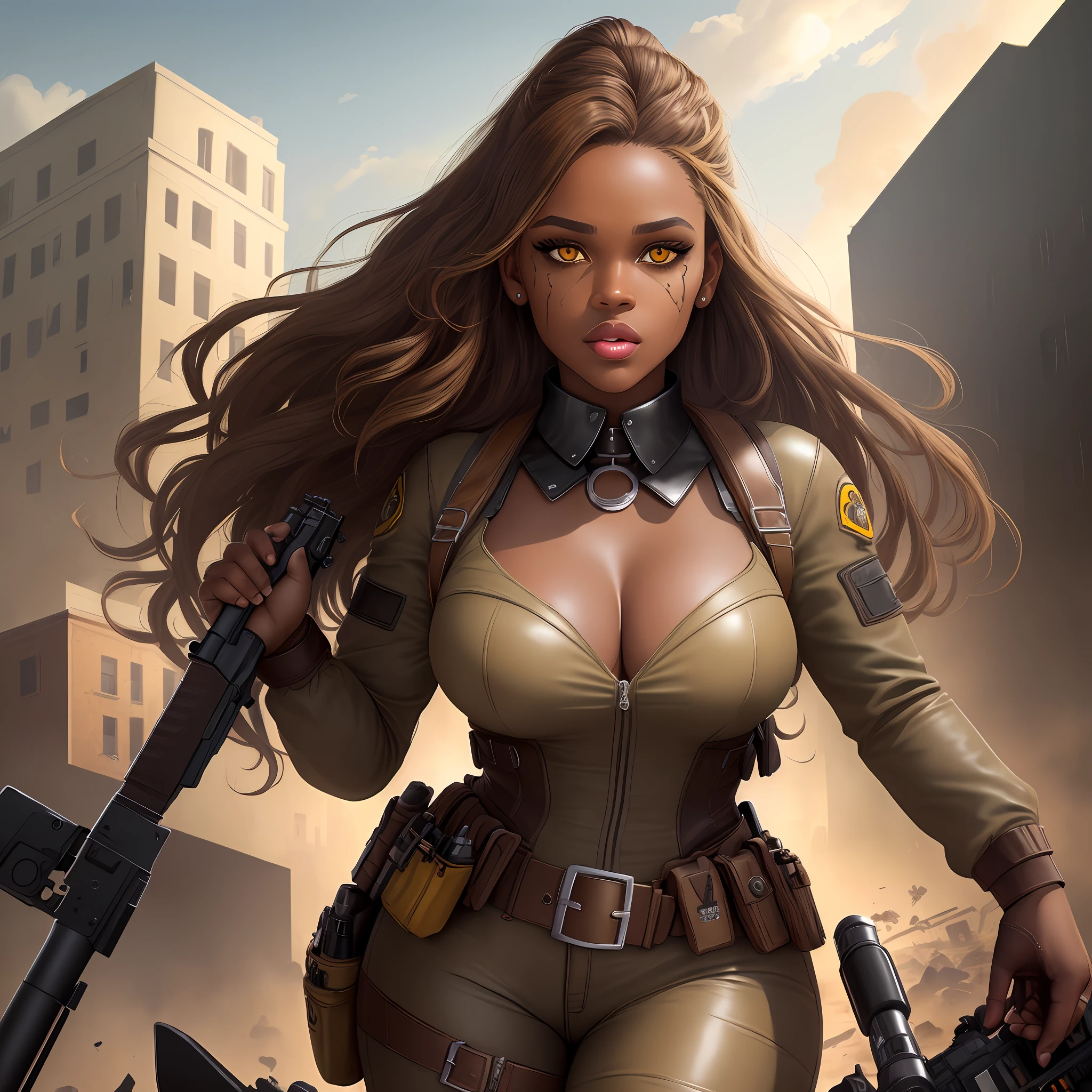 "Masterpiece, high quality, detailed, high resolution, 4k, 8k, realistic skin texture, amazing shadows, perfect lighting, hyper-realistic, midjourneyart style." A woman huntress (brown skin, outlined yellow eyes, collars, full lips, brown hair), wearing leather clothes holding a 12-gauge gun, full body, devastated buildings in the background (zombie game inspired), detailed background