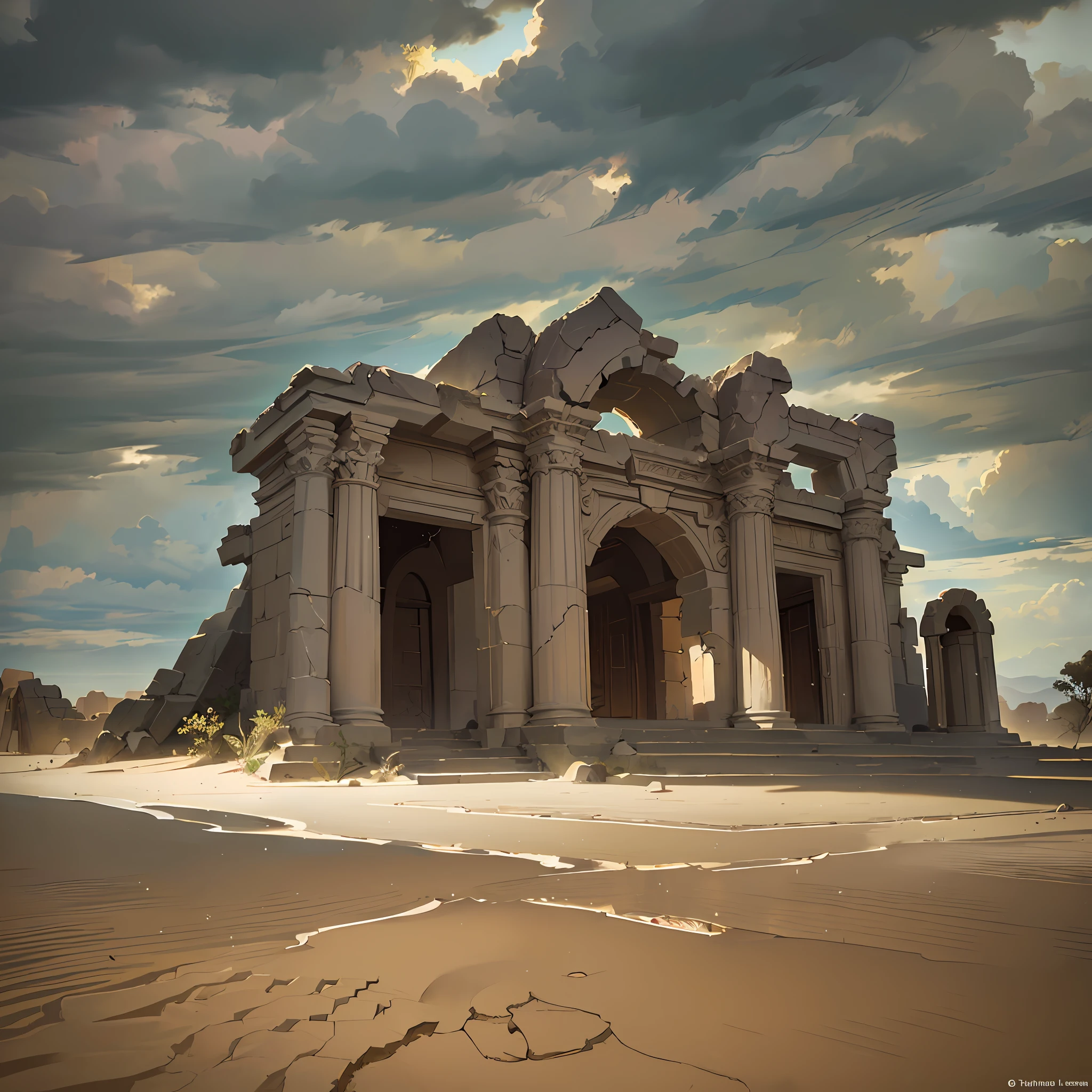 abandon temple in the desert, raining desert, sand, epic reality, (hdr: 1.4), dappled sunlight, cool colors, ancient ruins, full of design sense, (cloudy, dark clouds:1.3), fantastic and incredible, epic composition, (complex Detail), (Complicated Detail, Ultra Detail: 1.2), Art Station, (Masterpiece, Best Quality) --v 6