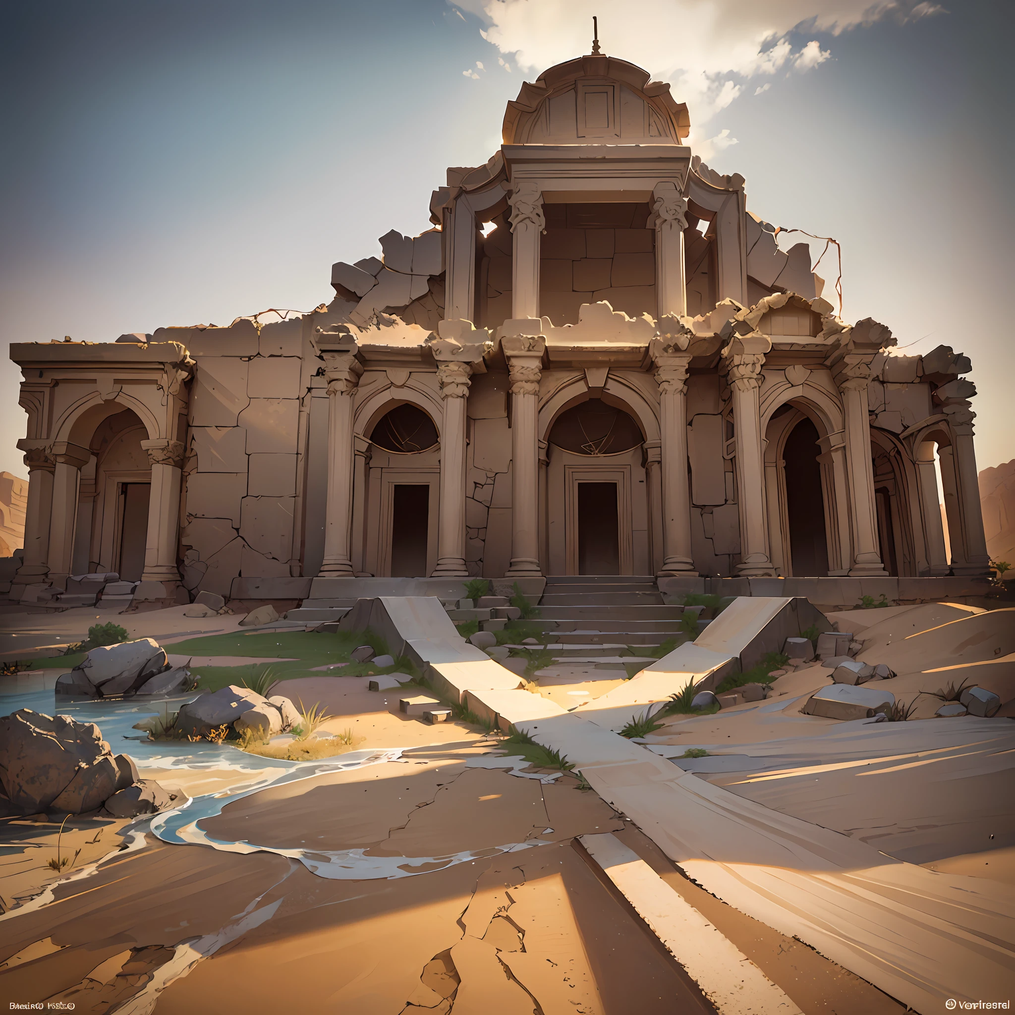 abandon temple in the desert, raining desert, sand, epic reality, (hdr: 1.4), dappled sunlight, cool colors, ancient ruins, full of design sense, fantastic and incredible, epic composition, (complex Detail), (Complicated Detail, Ultra Detail: 1.2), Art Station, (Masterpiece, Best Quality) --v 6