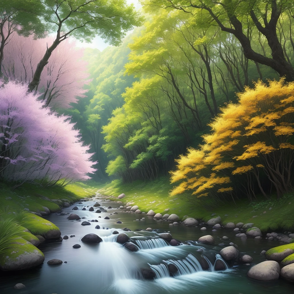 "Please create a realistic image of a forest with beautiful flowering ipês in its various colors. Include purple, yellow, white and pink ipês. Next to the ipês, draw a beautiful stream with its flowering edges, with daisies and other wild flowers. Ensure that the image conveys the serenity and beauty of nature, with vivid colors and natural details. The main focus should be on the ipês and the creek, capturing the harmony and tranquil atmosphere of the scenery."
