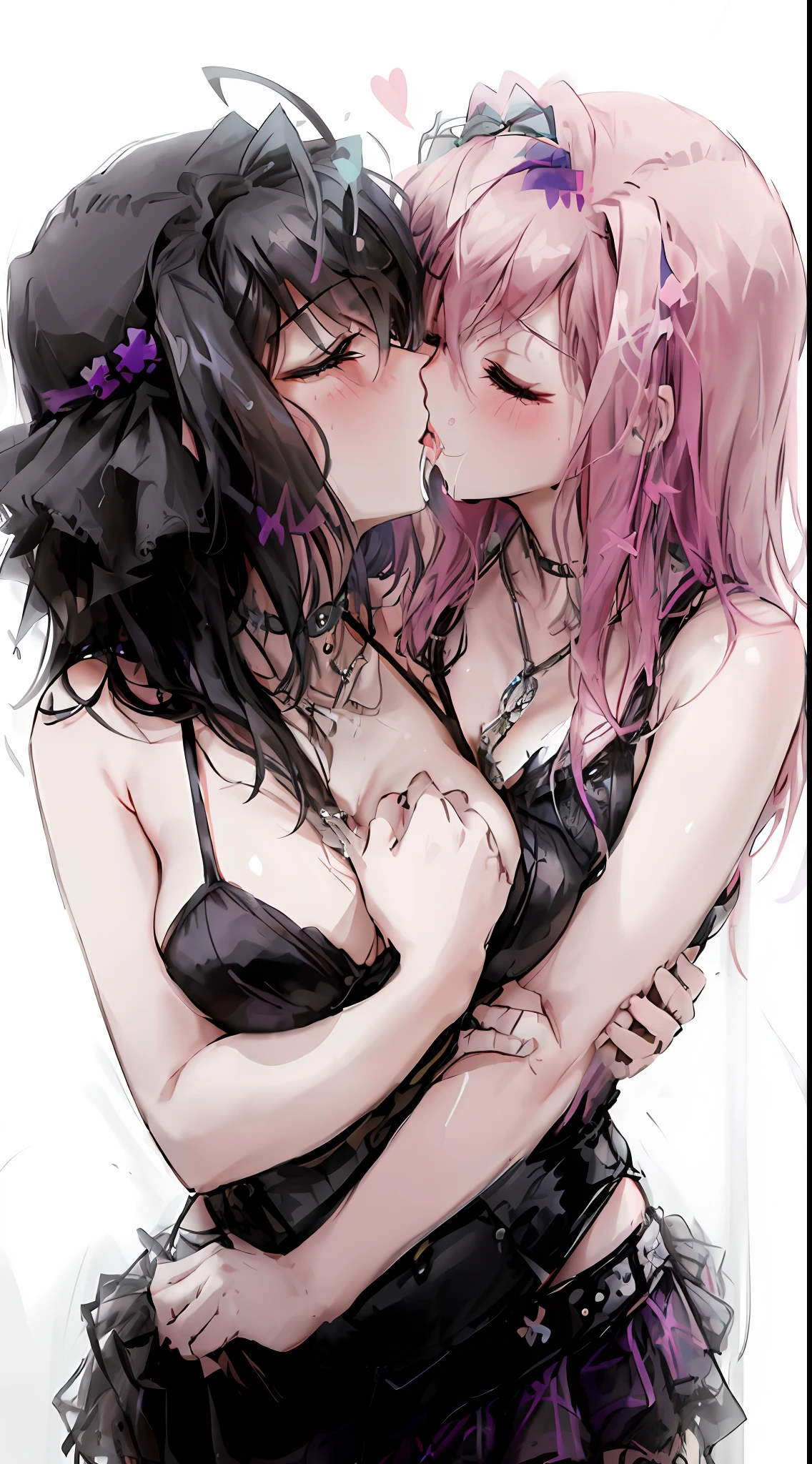 "((({{masterpiece}}))), {{best quality}}, {{highres}}, ((2girls)), {{yuri}}, ((kiss:1.4)), ((french kiss)), {{blush}}, {{closed eyes}}, ((tongue)), ((saliva)), ((groping)), {{hand on breast}}, {{makeup emo}}, {{goth}}, ((separate bodies)), {{8k}}, {{detailed}}, {{enchanted}}, hair black ando purple, hair pink ando blue, micro bikini