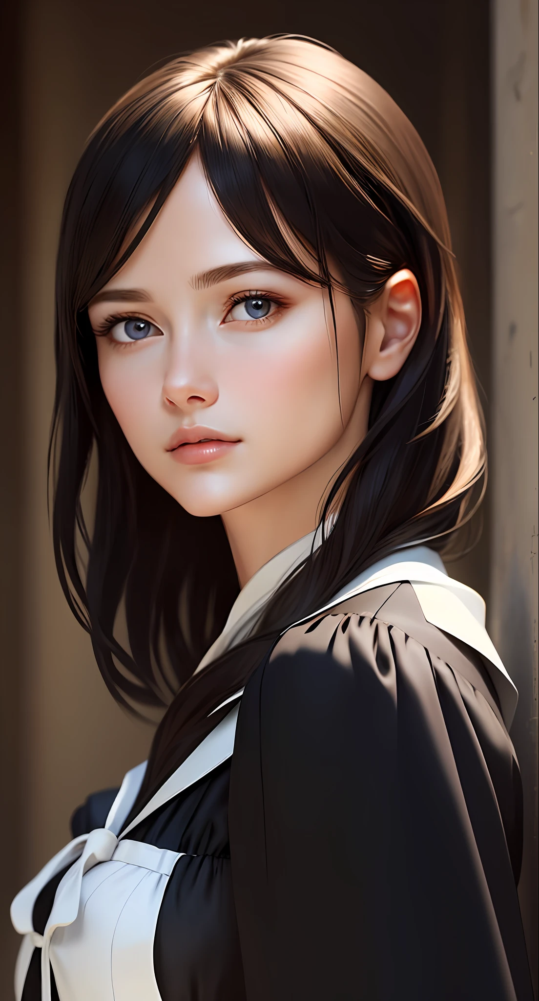 (Photorealism: 1.4), (Masterpiece, Side Lighting, Delicate and Beautiful Eyes: 1.2), Masterpiece * Portrait, Realistic, 3D Face, Shining Eyes, Glossy Hair, Glossy Skin, Solo, Awkward, (Abdomen), Black Collar Sailor Suit, Black Hair, Black Eyes,