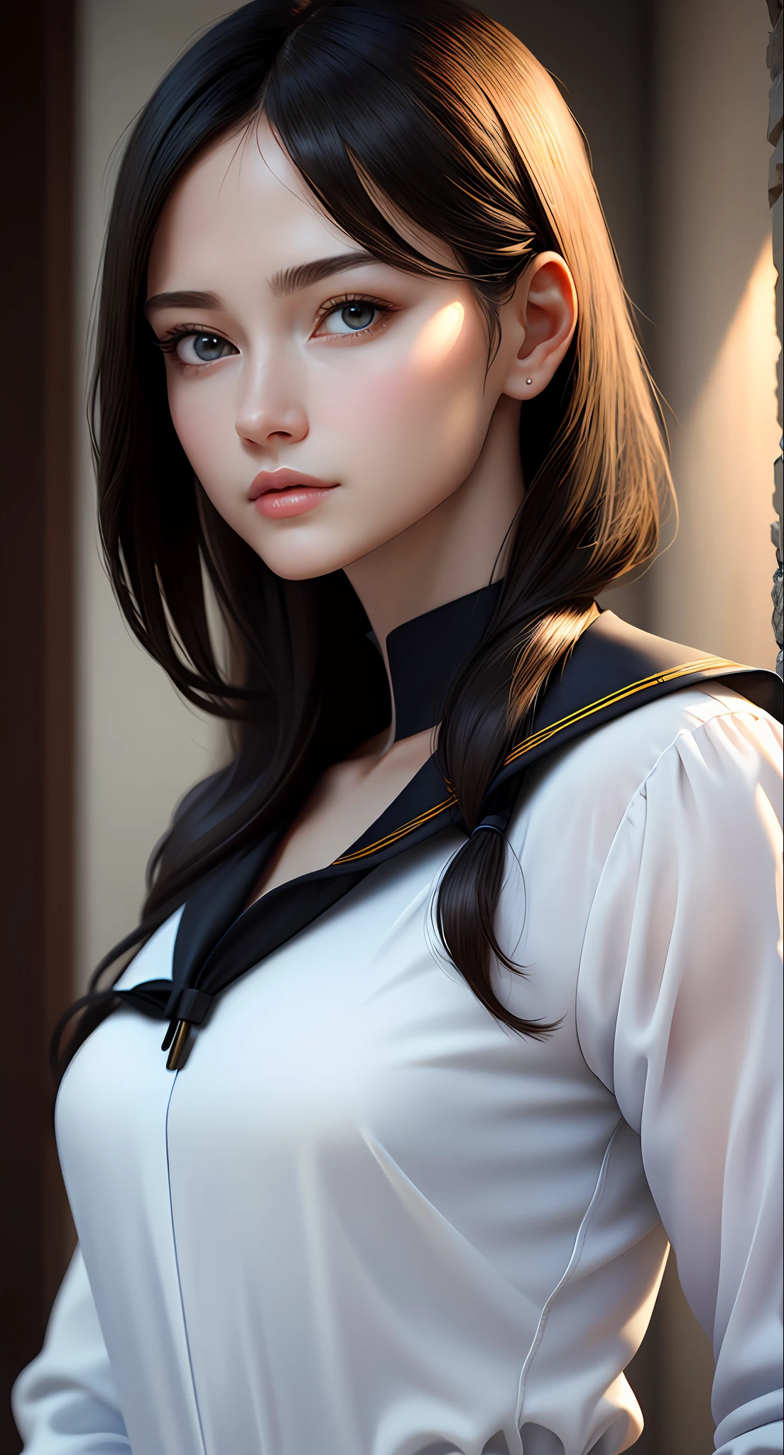 (Photorealism: 1.4), (Masterpiece, Side Lighting, Delicate and Beautiful Eyes: 1.2), Masterpiece * Portrait, Realistic, 3D Face, Shining Eyes, Glossy Hair, Glossy Skin, Solo, Awkward, (Abdomen), Black Collar Sailor Suit, Black Hair, Black Eyes,