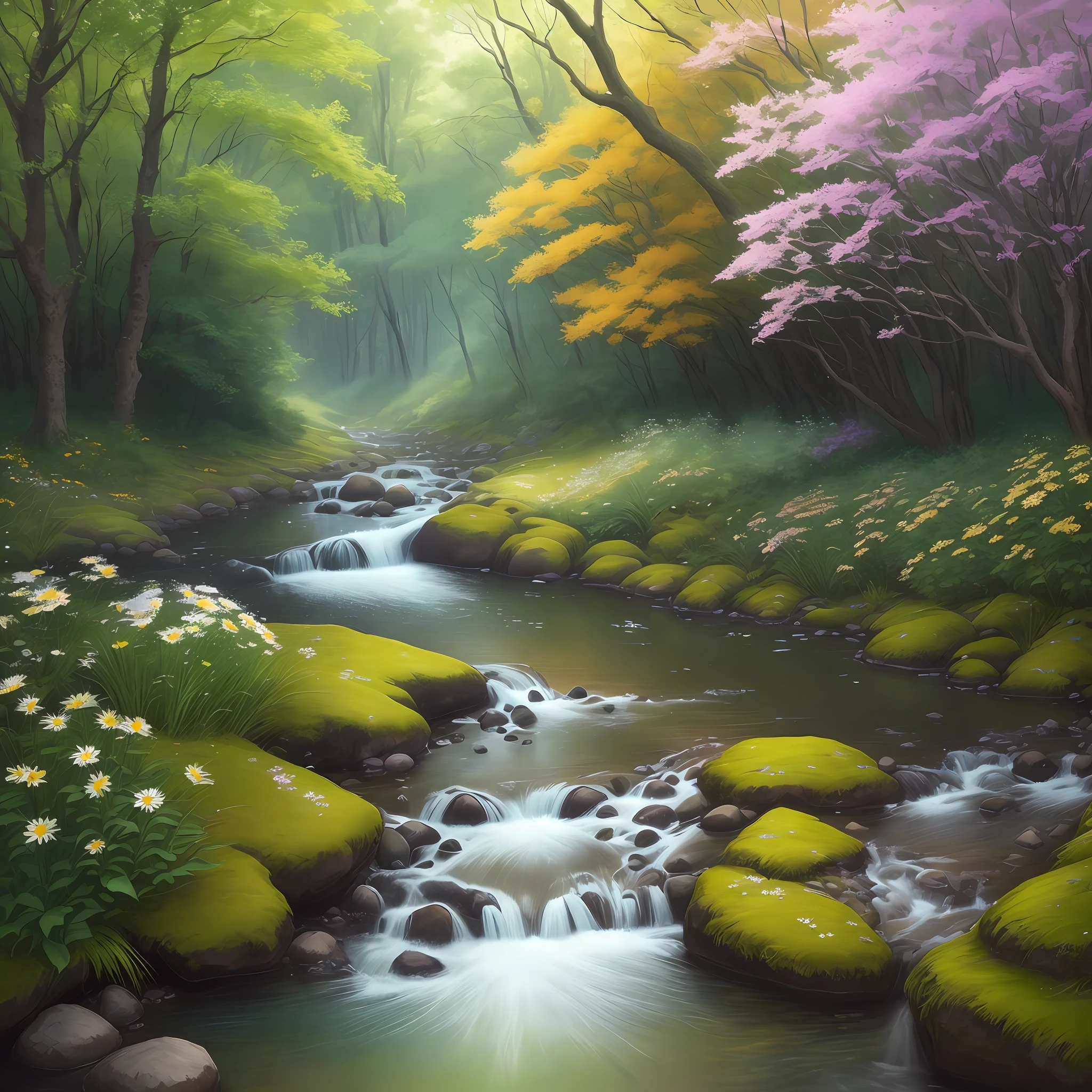 "Please create a realistic image of a forest with beautiful flowering ipês in its various colors. Include purple, yellow, white and pink ipês. Next to the ipês, draw a beautiful stream with its flowering edges, with daisies and other wild flowers. Ensure that the image conveys the serenity and beauty of nature, with vivid colors and natural details. The main focus should be on the ipês and the creek, capturing the harmony and tranquil atmosphere of the scenery."