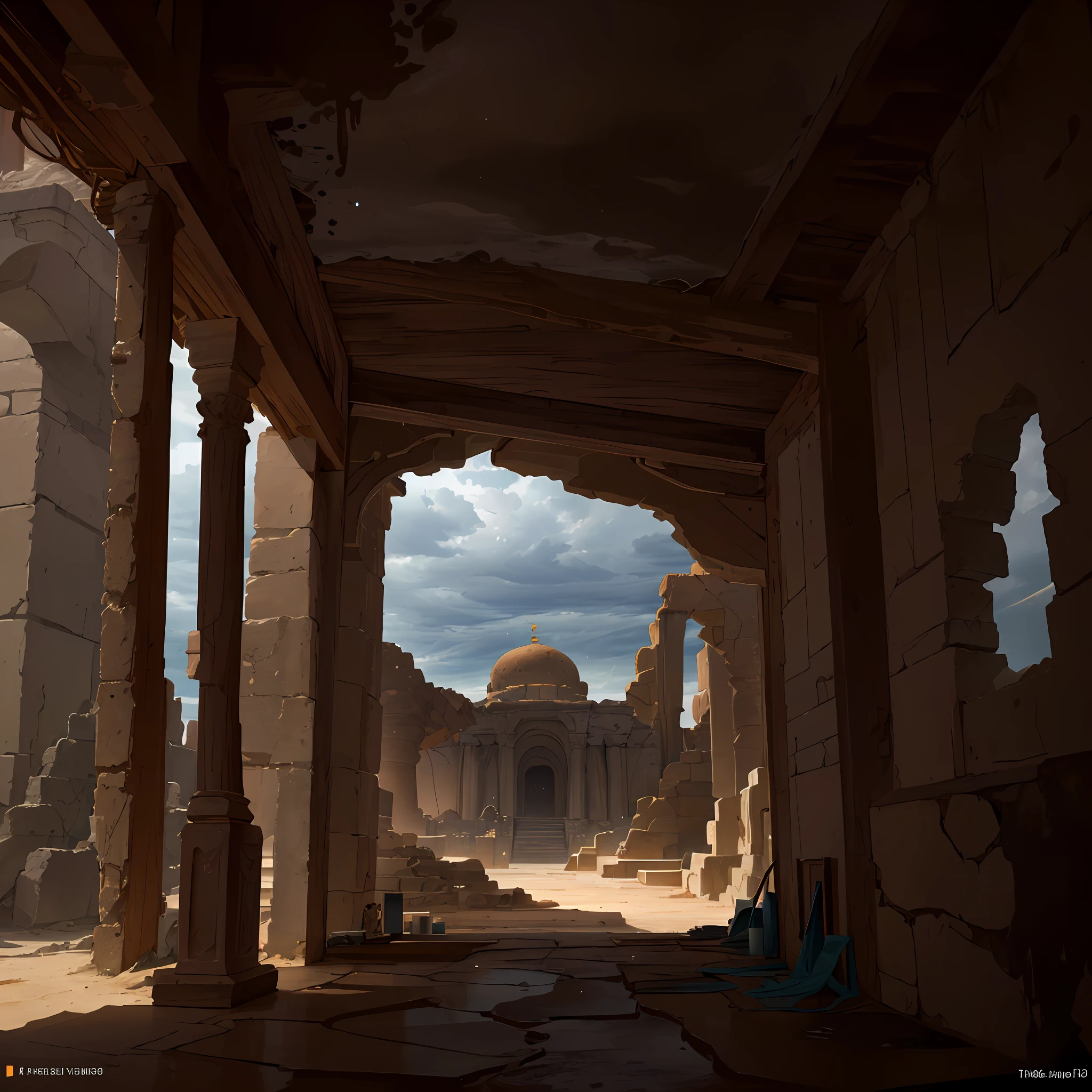 abandon temple in the desert, raining desert, sand, epic reality, (hdr: 1.4), cool colors, ancient ruins, full of design sense, (cloudy, dark clouds:1.3), water particles, liquid splash, photorealistic black background, beautiful 4k uhd art, realistic water splash fantastic and incredible, epic composition, (Complicated Detail, Ultra Detail: 1.2), Art Station, (Masterpiece, Best Quality)