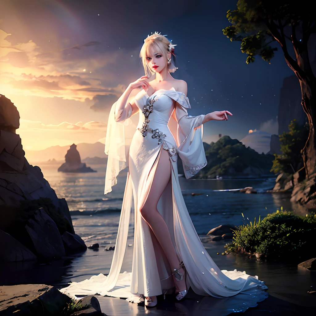 sexy full body photo of the most beautiful artwork in the world, illustration, cinematic light, high resolution, high quality, ultra detailed, best quality, masterpiece, (detailed face), sexy mature woman wears a wedding dress and body whole, floating cloth, glowing forest plants (oldest underworld fantasy) with neon accents, open shoulders, hair jewelry, wearing a veil, (body focus: 1.25), night, slit in dress a showing through thigh, a potion on the hip, holding a bouquet, reflection of light
