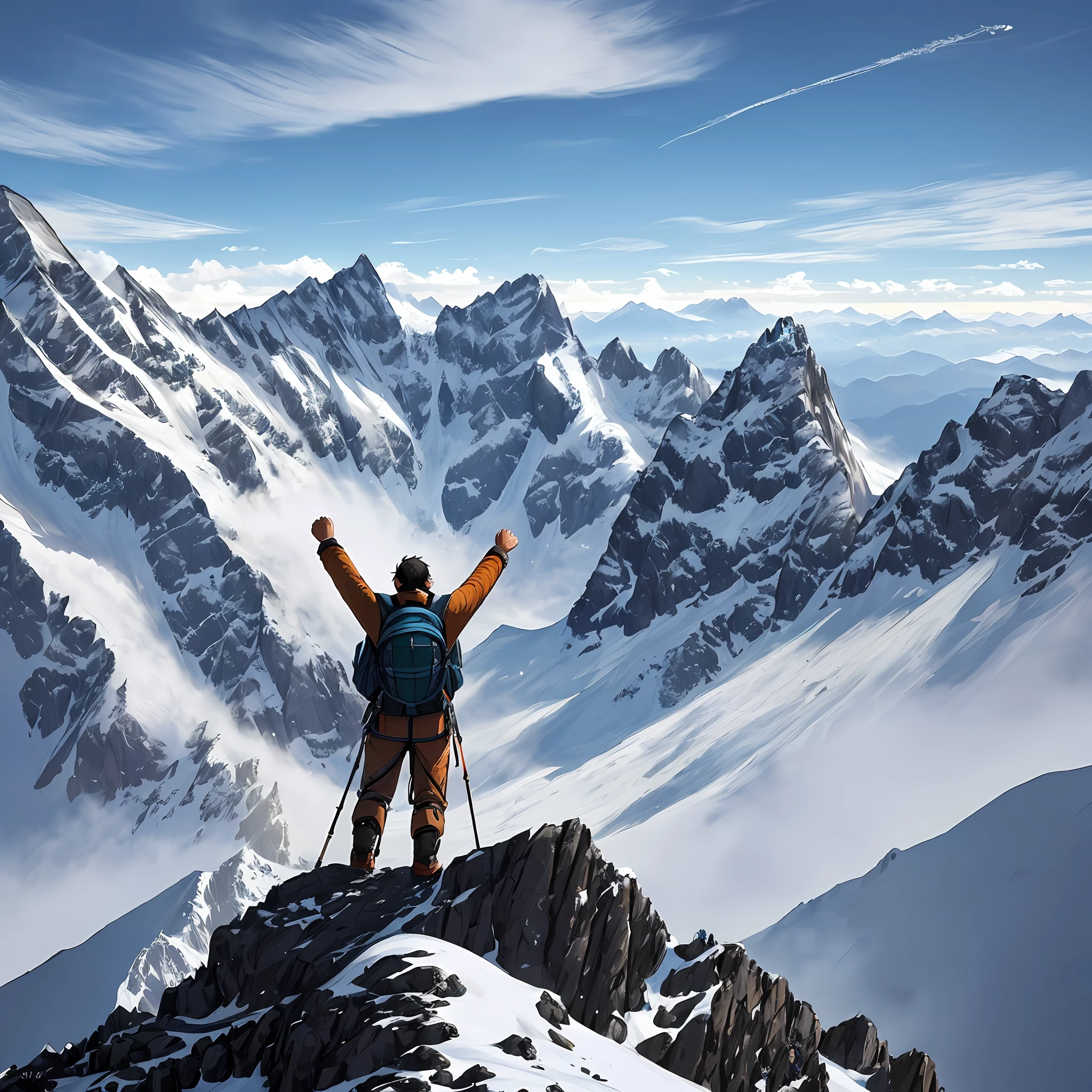 a mountaineer standing on the top of a majestic mountain raising his arms to the sky in a victory pose. All around him we can see the breathtaking scenery of mountains and valleys, showing trails traveled and obstacles overcome. The climber is wearing climbing clothes and carries a backpack on his back. His expression is one of determination and happiness.