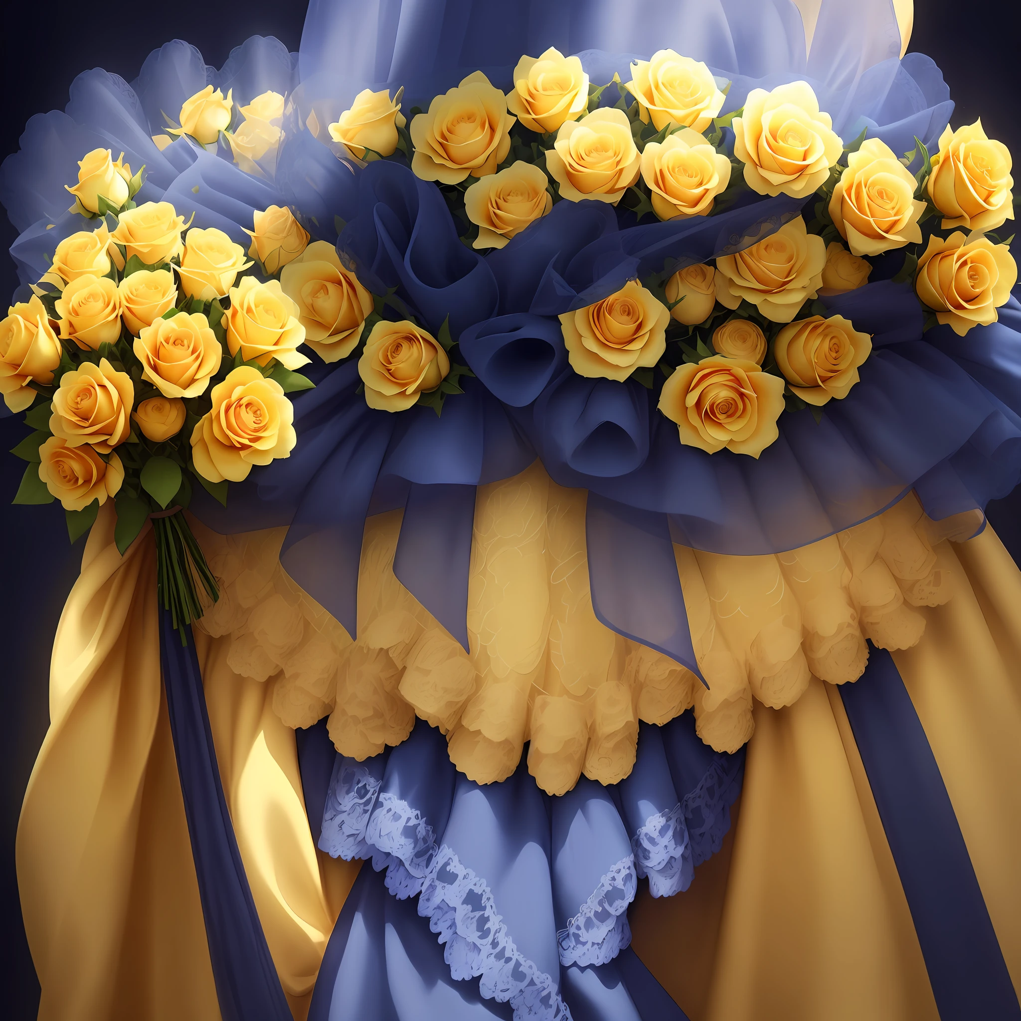 Please create a realistic image of a bouquet of yellow roses with a heart-shaped background in indigo blue. Add a bright pink lacy border around the heart, like beams of light. Make sure the roses have a natural look, with delicate details and vibrant colors. The image should convey a sense of beauty and romanticism.