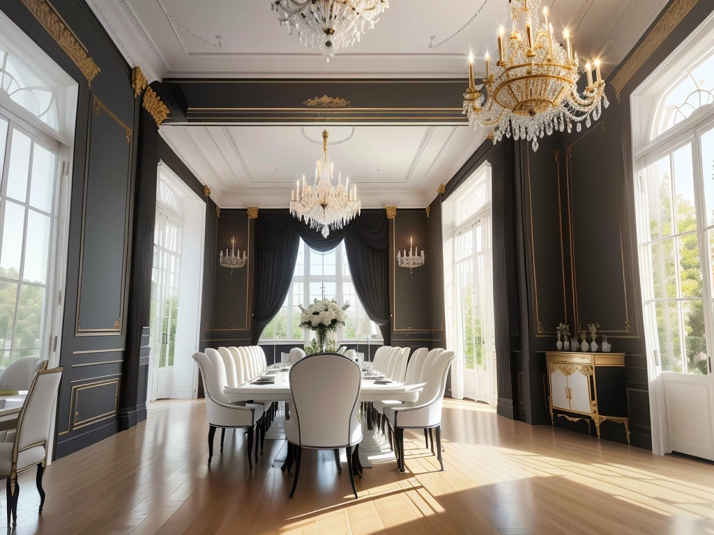 beautiful dining room, black parquet floor, white walls, dining table with designer chandelier above, white curtains on French windows, UHD, masterpiece, super detail, 8k, award winning, best quality, highres, high quality, high details