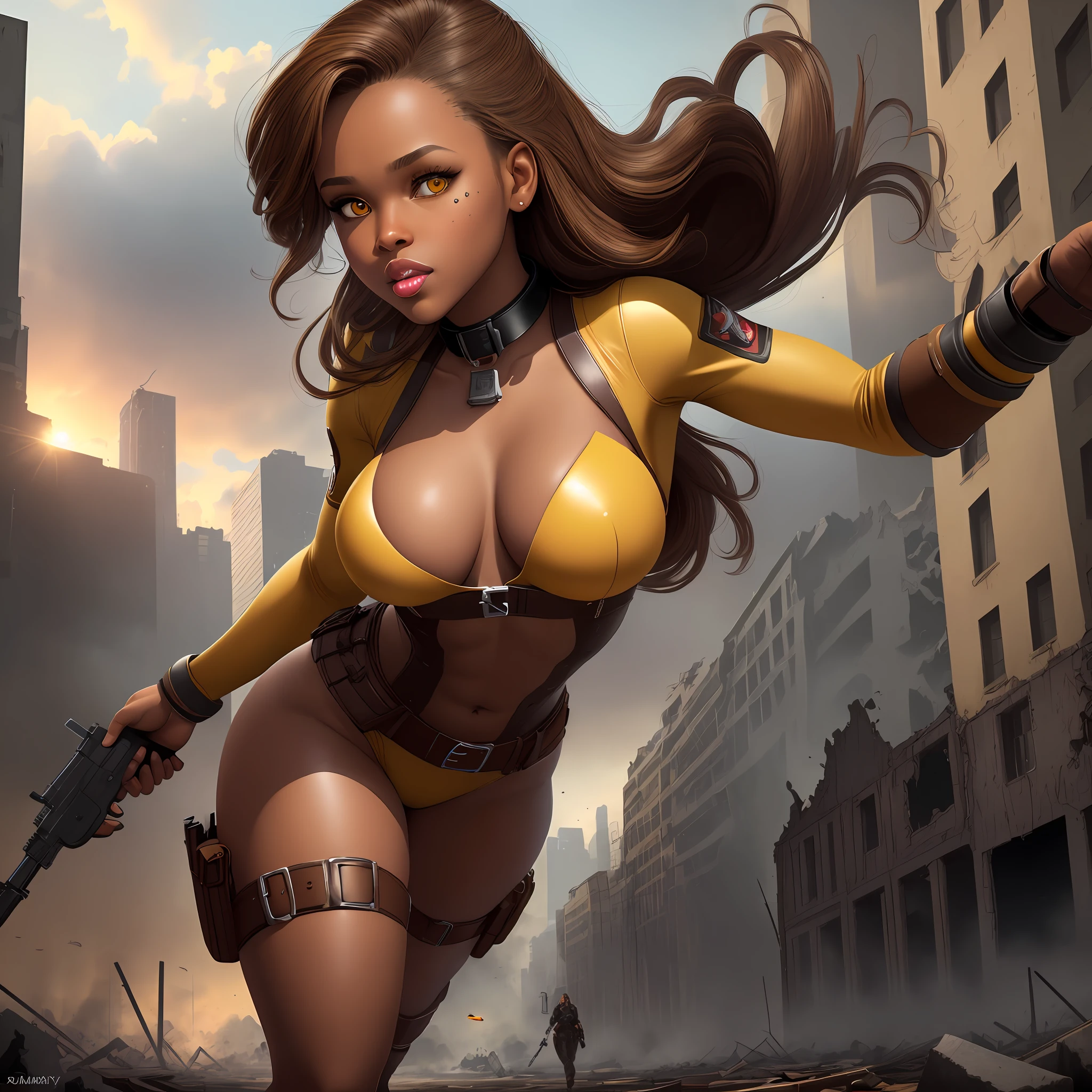 "Masterpiece, high quality, detailed, high resolution, 4k, 8k, realistic skin texture, amazing shadows, perfect lighting, hyper-realistic, midjourneyart style." A woman huntress (brown skin, outlined yellow eyes, collars, full lips, brown hair, tight body, small boobs), wearing leather clothes holding a 12 caliber gun, full body, devastated buildings in the background (zombie game inspired), detailed background