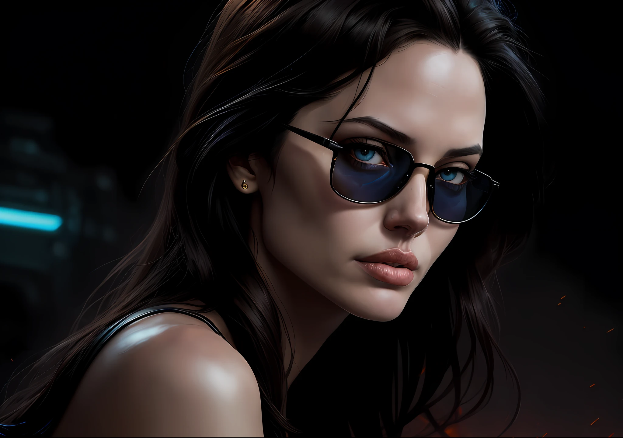 Angelina Jolie arms crossed dark photo: 1.1), realistic epic, halo portrait, sunglasses, blue eyes, black hair by Atey Ghailan, by Greg Rutkowski, by Greg Tocchini, by James Gilleard, by Joe Fenton, by Kaethe Butcher, yellow gradient, black, brown and magenta color scheme, grunge aesthetic!!! Graffiti brand wall background, art by Greg Rutkowski and Artgerm, soft cinematic light, Adobe Lightroom, Photo Lab, HDR, intricate, highly detailed, (depth of field: 1.4), faded, (neutral colors: 1.2), (HDR: 1.4), (soft colors:1.2), hyperdetailed, (Artstation:1.4), cinematic, warm lights, dramatic light, (intricate details:1.1), complex background, (Rutkowski:0.66), (blue and orange:0.4)