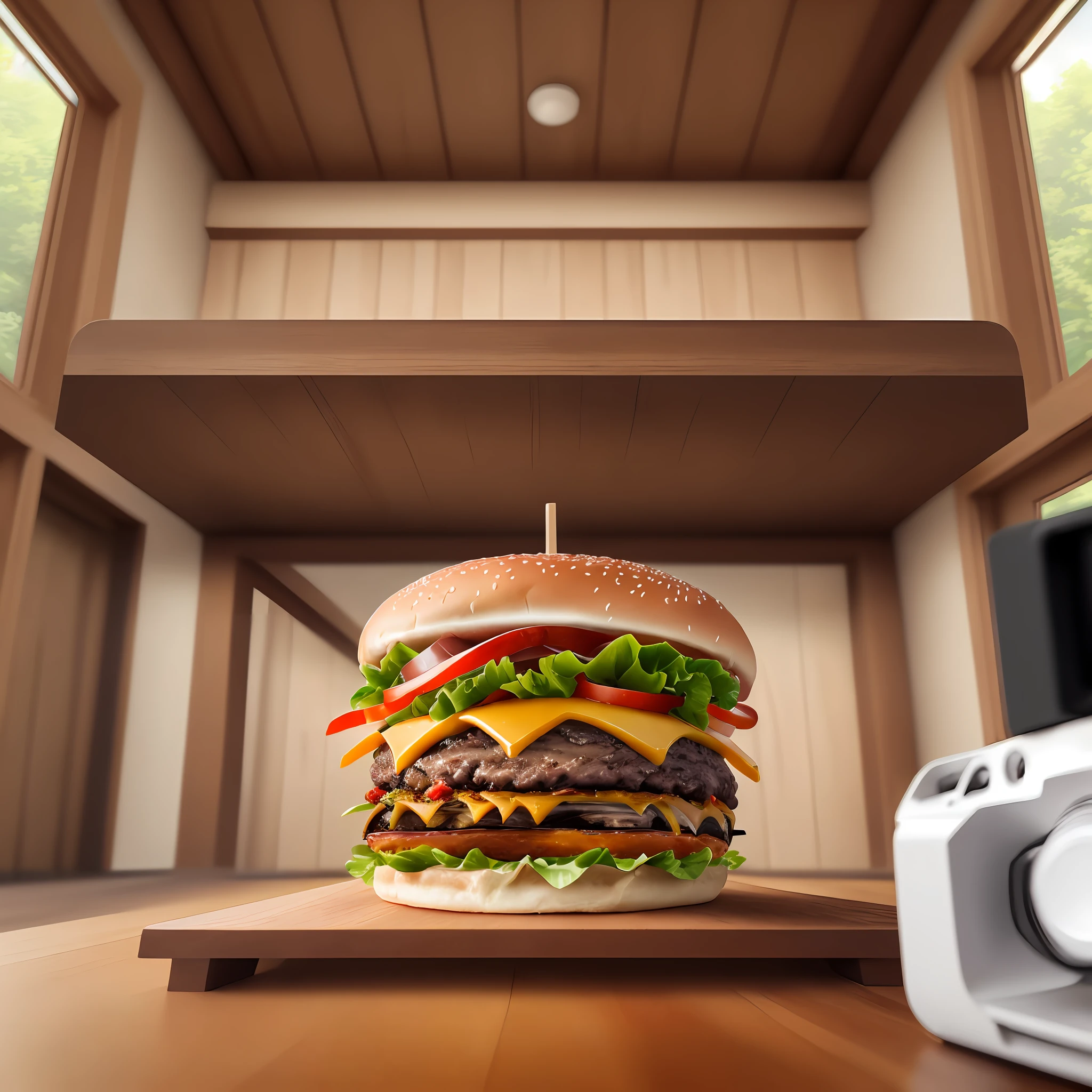 burger on the wood table, professional camera, professional soft light (Obra-prima:1.3), (best_quality:1.3), (ultra_detailed:1.3),