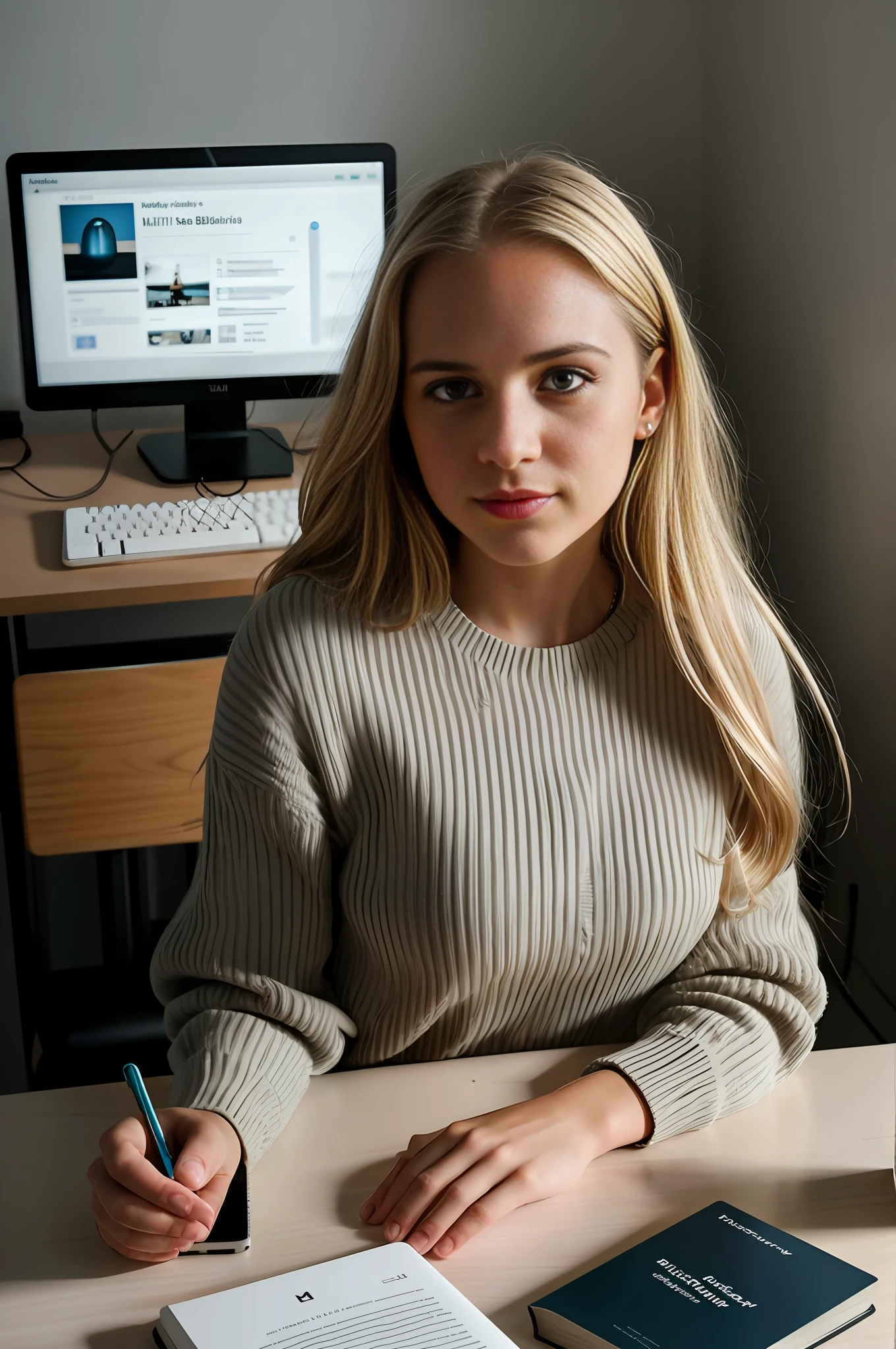 realistic photo, a realistic photo of  18yo girl sitting at her desk, working, MacBook, book, ((camera aside her)), ((looking at work desk)),blonde hair, (1 girl),(extremely detailed CG unity 8k wallpaper), photo of the most beautiful artwork in the world, professional majestic (photography by Steve McCurry), 8k uhd, dslr, soft lighting, high quality, film grain, Fujifilm XT3 sharp focus, f 5.6, High Detail, Sharp focus, dramatic, (detailed pupils:1.3), (natural light),
Negative prompt: Asian-Less-Neg, cyber_negative_p1 cyber_negative_p2 cyber_negative_p3
Size: 512x768, Seed: 616367017, Model: Cyberdelia [BETA]_[BETA] CyberRealistic_V3.0, Steps: 30, Sampler: DPM++ 2M Karras, CFG scale: 7, Model hash: 4caa3946ca