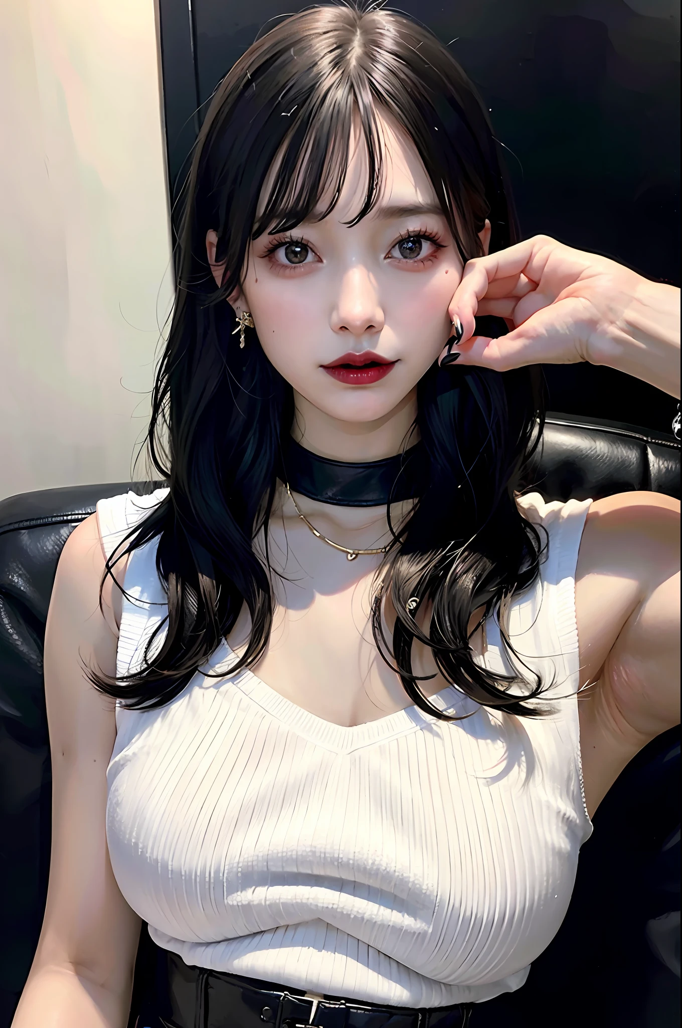 Black Hair Bob, (RAW Photo, Photorealism), (Very dark lip gloss, pitch black lipstick, so many eyelashes, pitch black eyeshadow, watery eyes, crying, angry, high quality, high resolution, depth of field, chromatic aberration, natural color, caustics, Japan person, woman, 30s), white bra, choker, necklace, single woman, earrings, bracelet, Big breasts that look soft, good style, slender figure, tips of are clearly visible, whole body, bare legs, body line is very sexy, crotch wide open, sticking out, skin is very exposed, tips of are clearly visible, areola is visible, pubic area is clearly visible, crotch wide open, minimum protrusion, genuine leather sofa, pubic hair