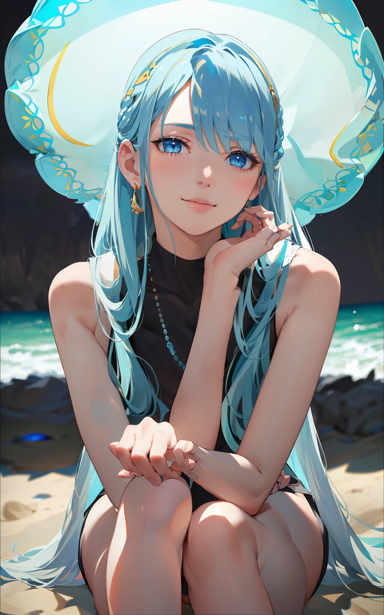 (Masterpiece, Elaborate Beautiful Eyes: 1.2), (Light Blue Hair: 1.2), (Zephyr's Eye Color: 1.1), Long Hair, Straight Hair, (Black Tank Top: 1.2), Realistic Lighting, Beautiful Lighting, Ray Tracing, Photorealistic, (Hyperrealistic: 1.2), High Resolution, 4K, 8K, (Highly Detailed CG, 8K Wallpaper: 1.1), Very elaborate and sharp digital illustrations, detail, realism, beautiful faces, very elaborate faces, ultra-realistic, masterpieces, detailed eyes, super detail, volume lighting, realistic shadows, intricate details, details, cheerful, smile, (white hat: 1.2)), silver necklace, high heels, (On the Beach: 1.2),