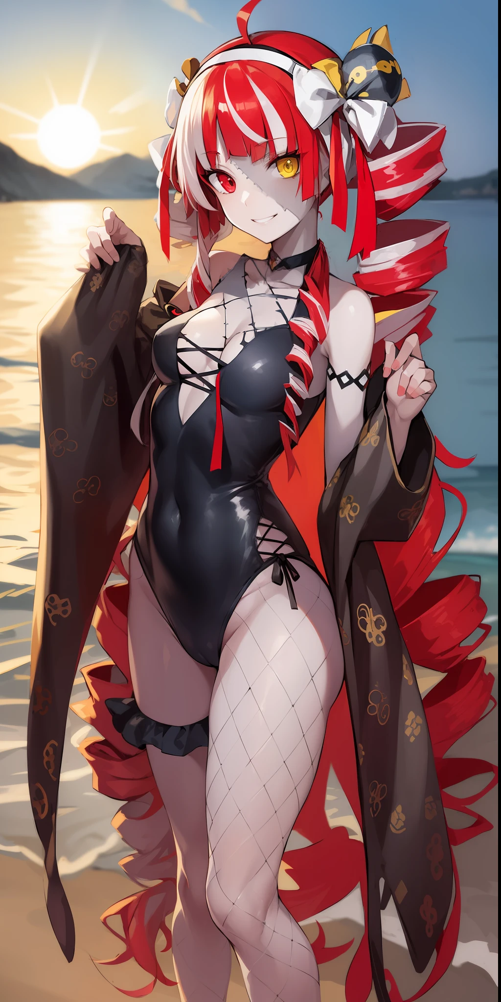 2d, masterpiece, best quality, anime, highly detailed face, highly detailed eyes, highly detailed background, perfect lighting, full body, 1girl, solo, ollie_drills, zombie, patchwork skin, drill hair, very long hair, swimsuit, white hairband, fur coat, fishnets, heterochromia, red eyes, yellow eyes, (from side:0.7), beach, smile, sunset